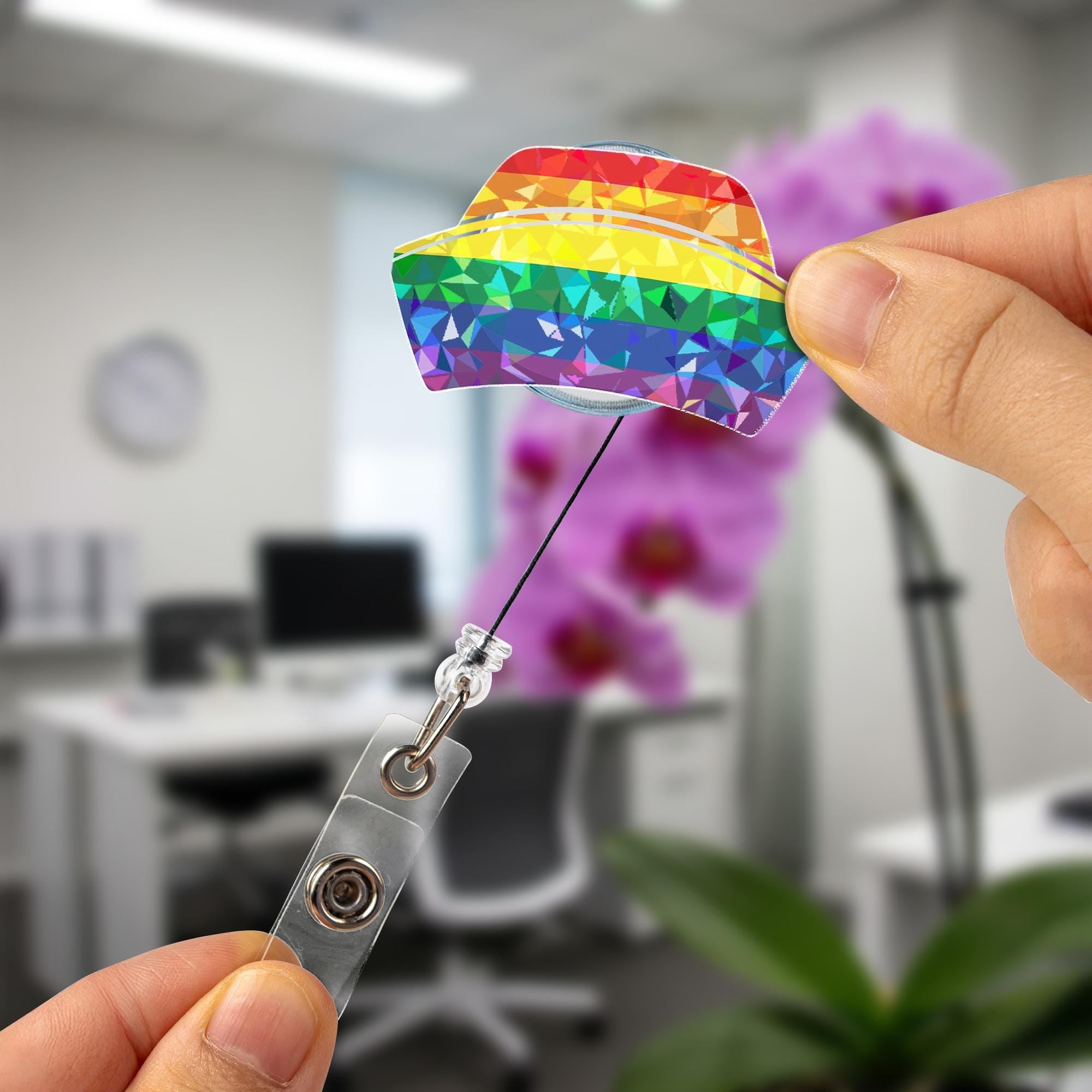 Rainbow Crystal Nurse Cap Hologram Badge Reel, LGBTQ Pride ID Holder, Holographic Geometric Retractable Lanyard, Nurse Gift, Ally Support