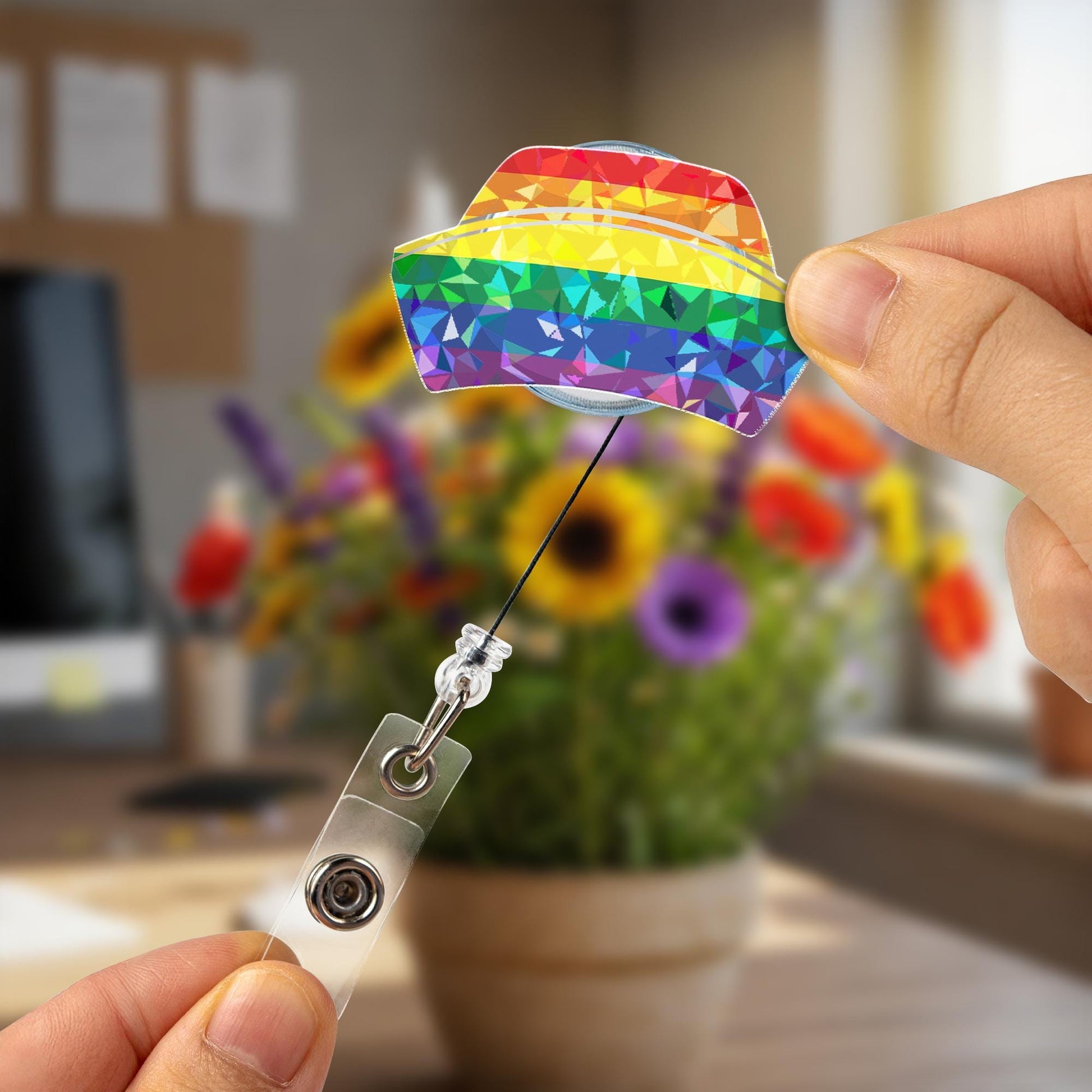 Rainbow Crystal Nurse Cap Hologram Badge Reel, LGBTQ Pride ID Holder, Holographic Geometric Retractable Lanyard, Nurse Gift, Ally Support