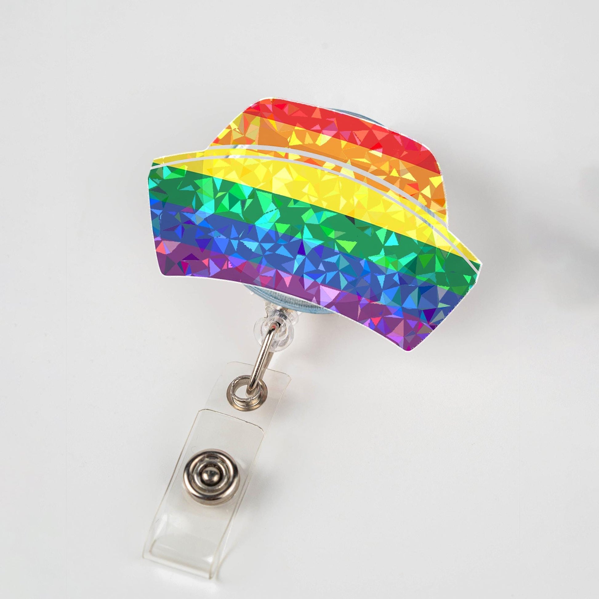 Rainbow Crystal Nurse Cap Hologram Badge Reel, LGBTQ Pride ID Holder, Holographic Geometric Retractable Lanyard, Nurse Gift, Ally Support