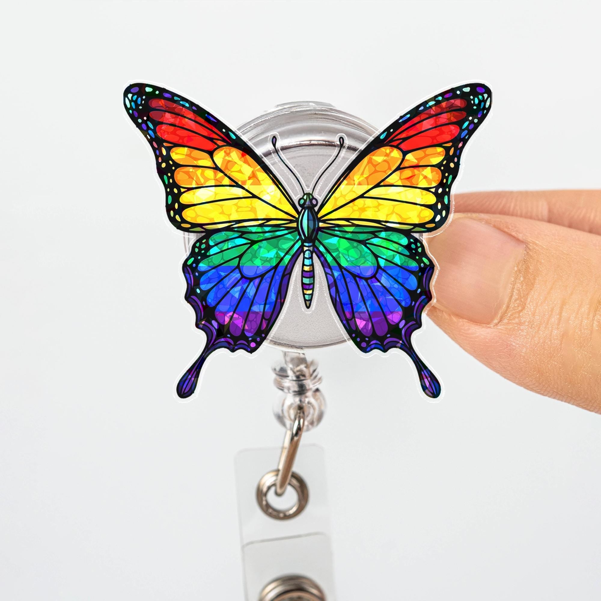 Rainbow Butterfly Badge Reel, Retractable ID Holder, Nurse Teacher Office Accessory, LGBTQ Pride Gift Idea , Nurse Gift, Ally Support
