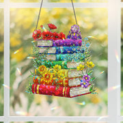 Stacked Pride Books with Flowers Holographic Acrylic Window Hanging Ornament, Book Lover Gift, LGBTQ+ Pride Month Floral Home Decor Art