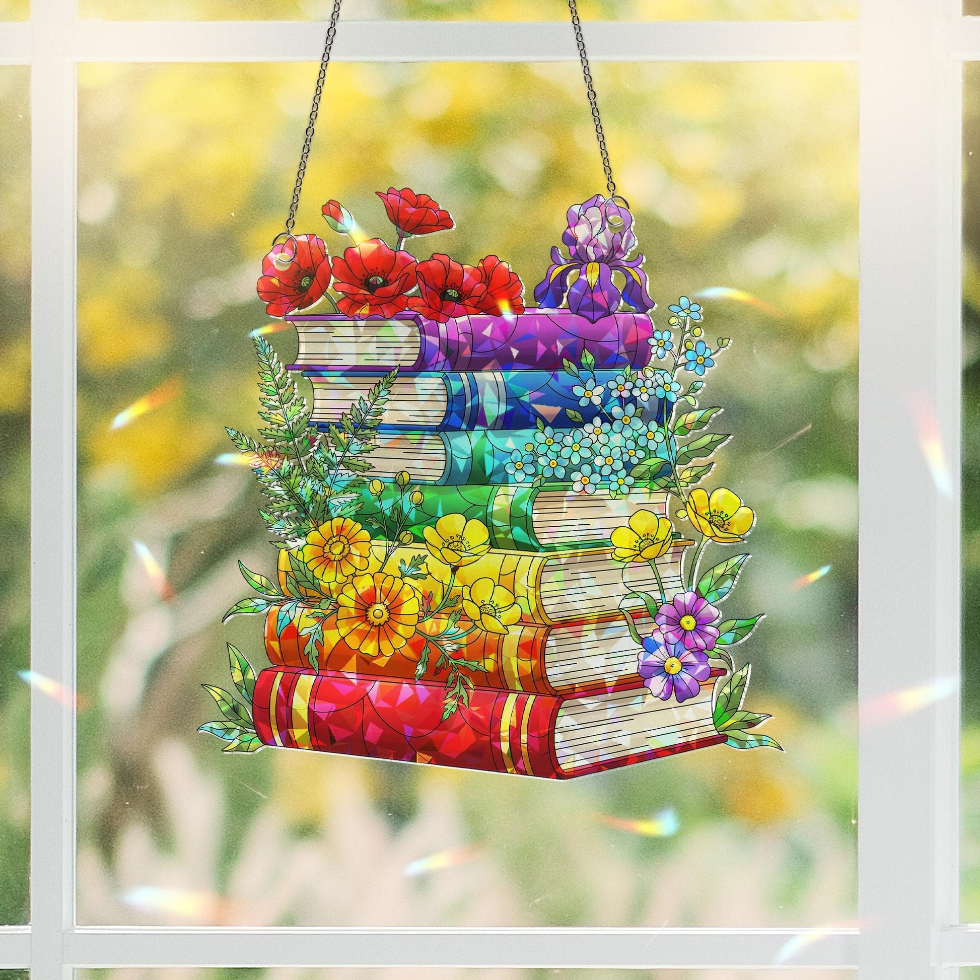 Stacked Pride Books with Flowers Holographic Acrylic Window Hanging Ornament, Book Lover Gift, LGBTQ+ Pride Month Floral Home Decor Art