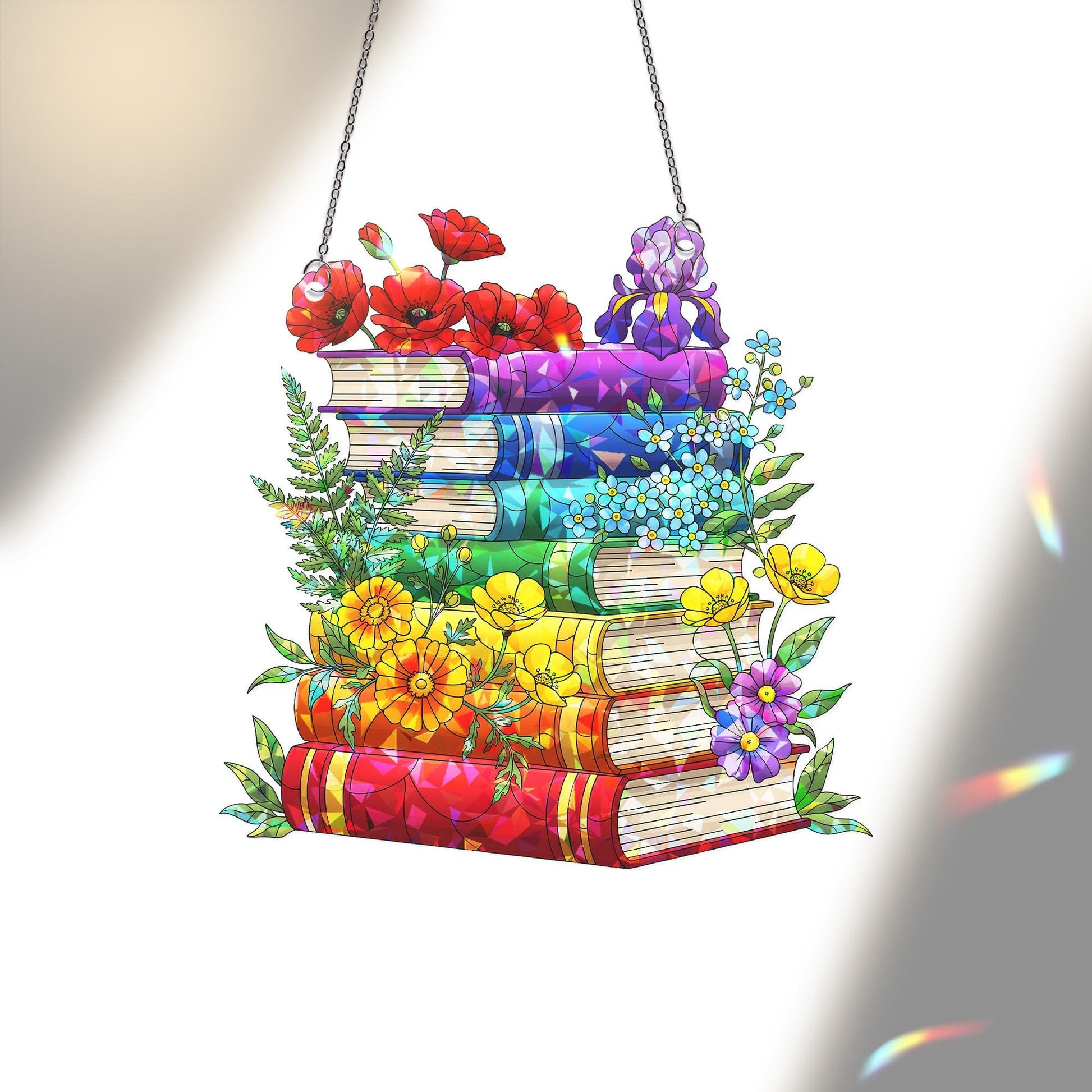 Stacked Pride Books with Flowers Holographic Acrylic Window Hanging Ornament, Book Lover Gift, LGBTQ+ Pride Month Floral Home Decor Art