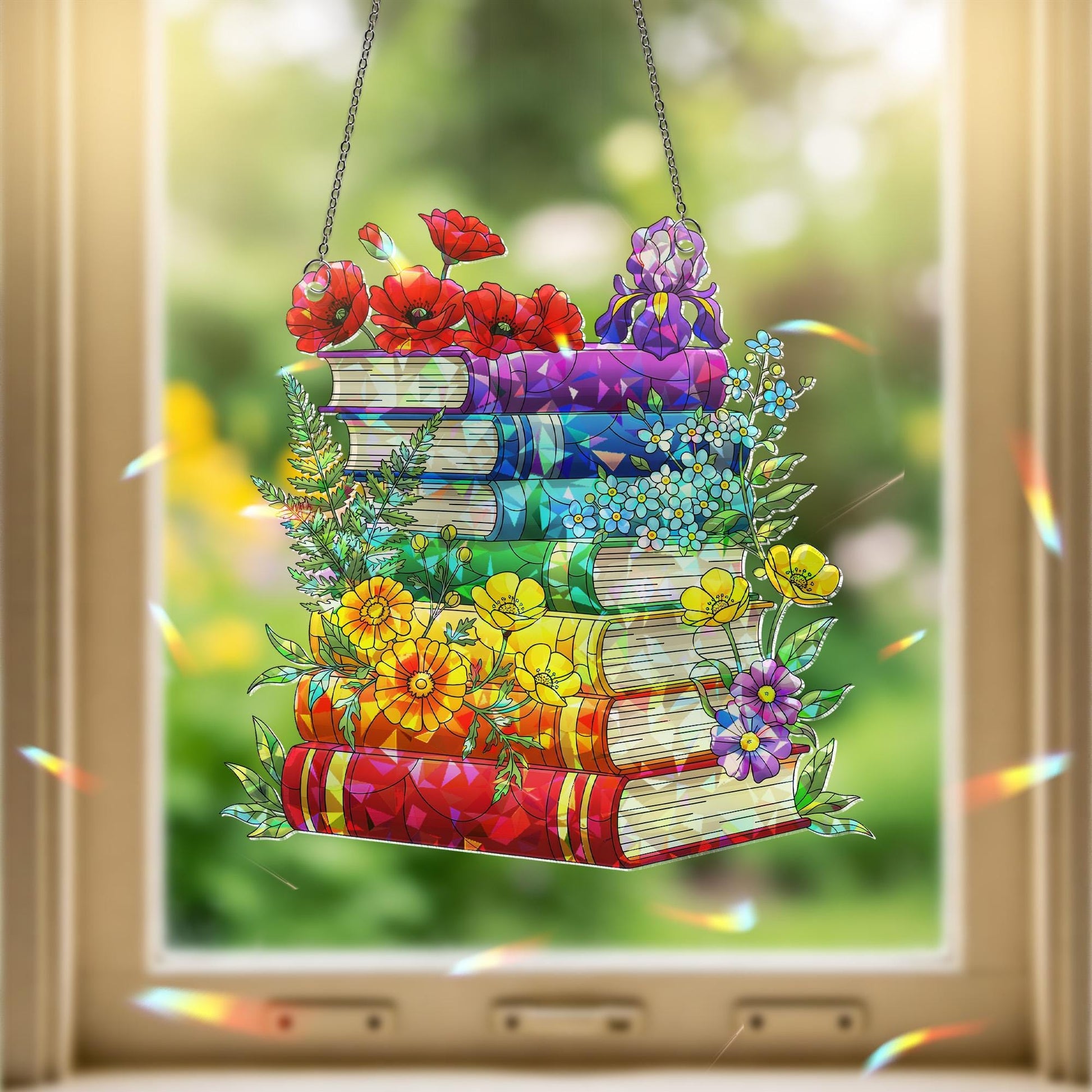 Stacked Pride Books with Flowers Holographic Acrylic Window Hanging Ornament, Book Lover Gift, LGBTQ+ Pride Month Floral Home Decor Art