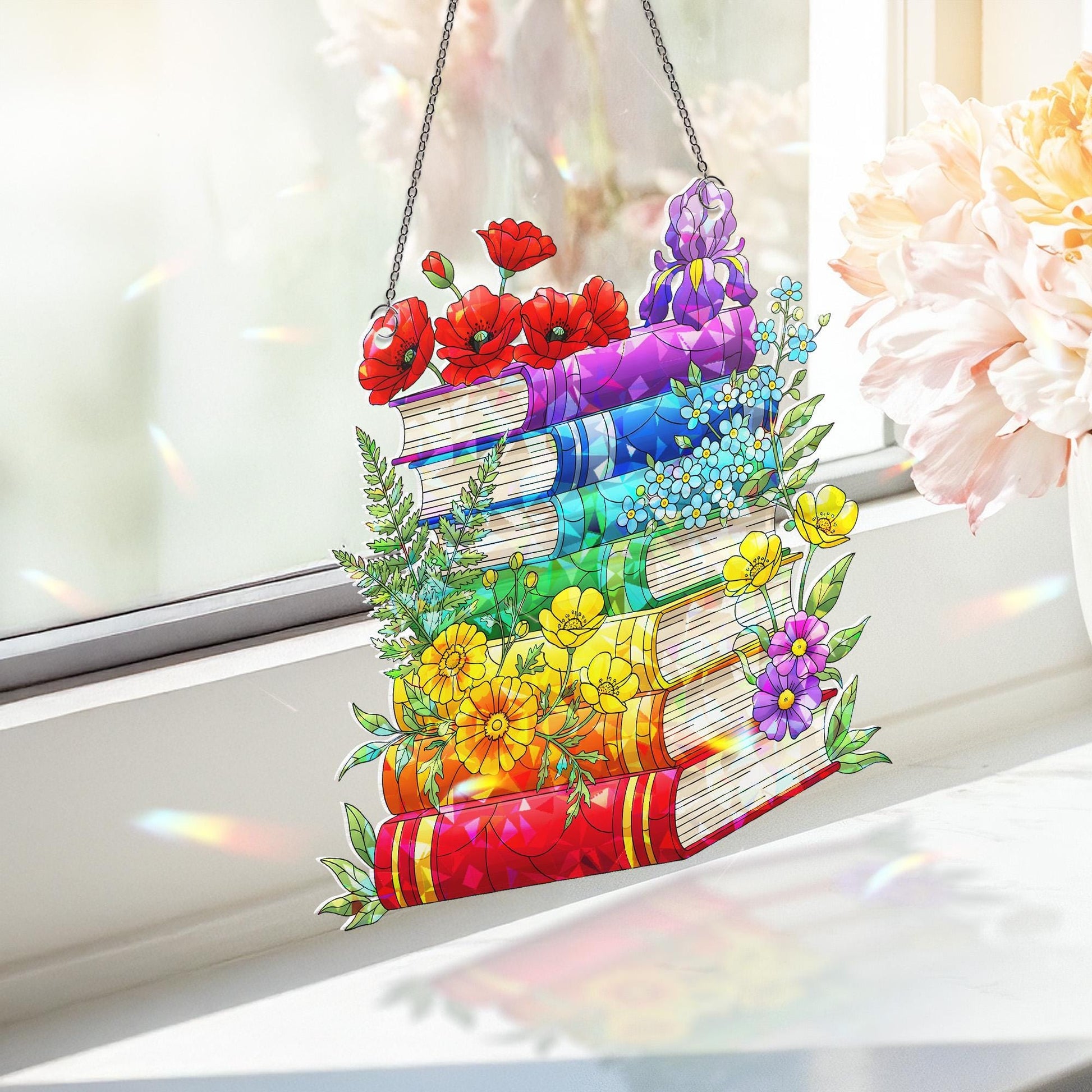 Stacked Pride Books with Flowers Holographic Acrylic Window Hanging Ornament, Book Lover Gift, LGBTQ+ Pride Month Floral Home Decor Art