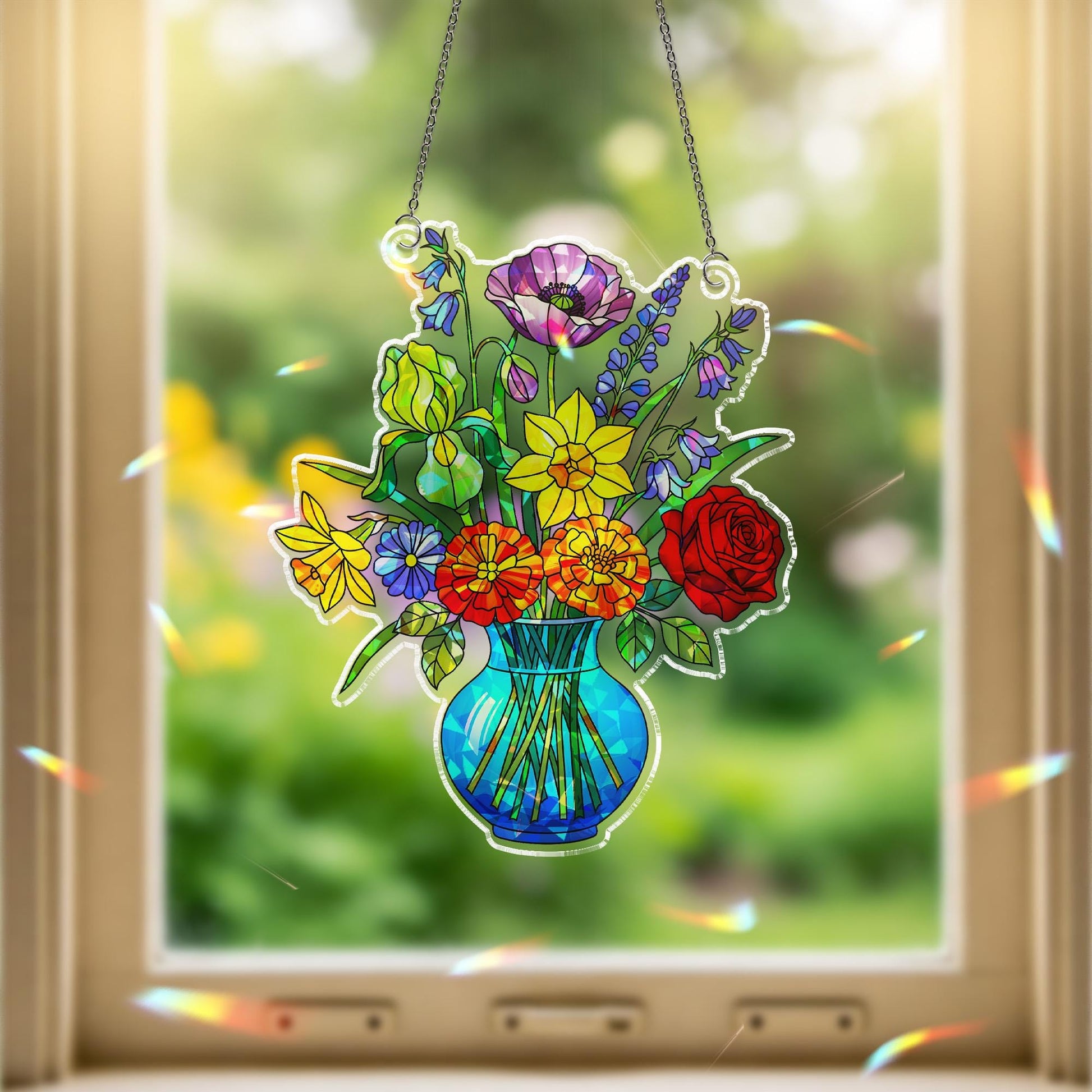 Holographic Flower Vase Acrylic Window Hanging Ornament, Rainbow Prism Floral Decor, LGBT Pride Home Decor, LGBTQ Pride Gift