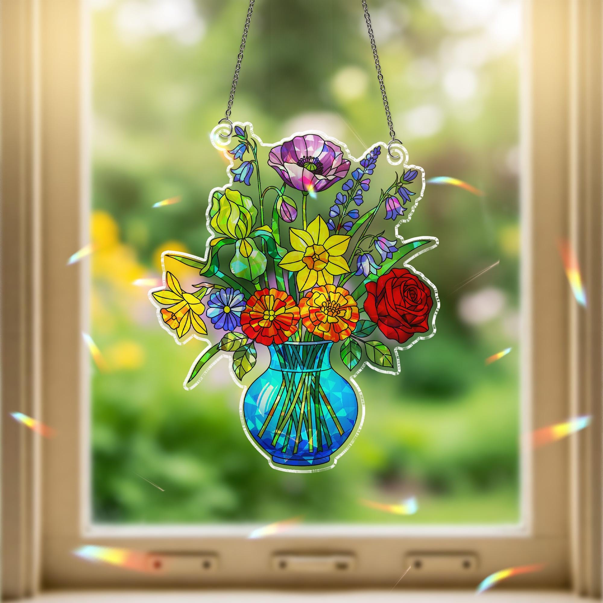 Holographic Flower Vase Acrylic Window Hanging Ornament, Rainbow Prism Floral Decor, LGBT Pride Home Decor, LGBTQ Pride Gift