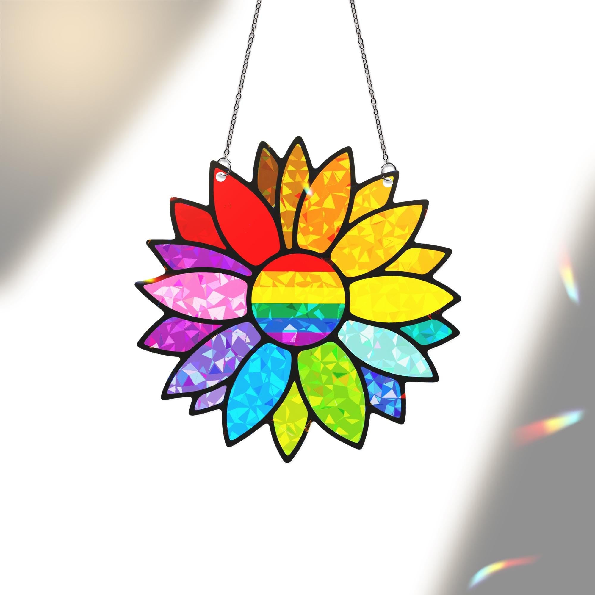 Holographic LGBT Rainbow Sunflower Acrylic Window Hanging Ornament, Colorful Floral Home Decor, Unique Gift Idea, LGBTQ+ Pride Month Gift