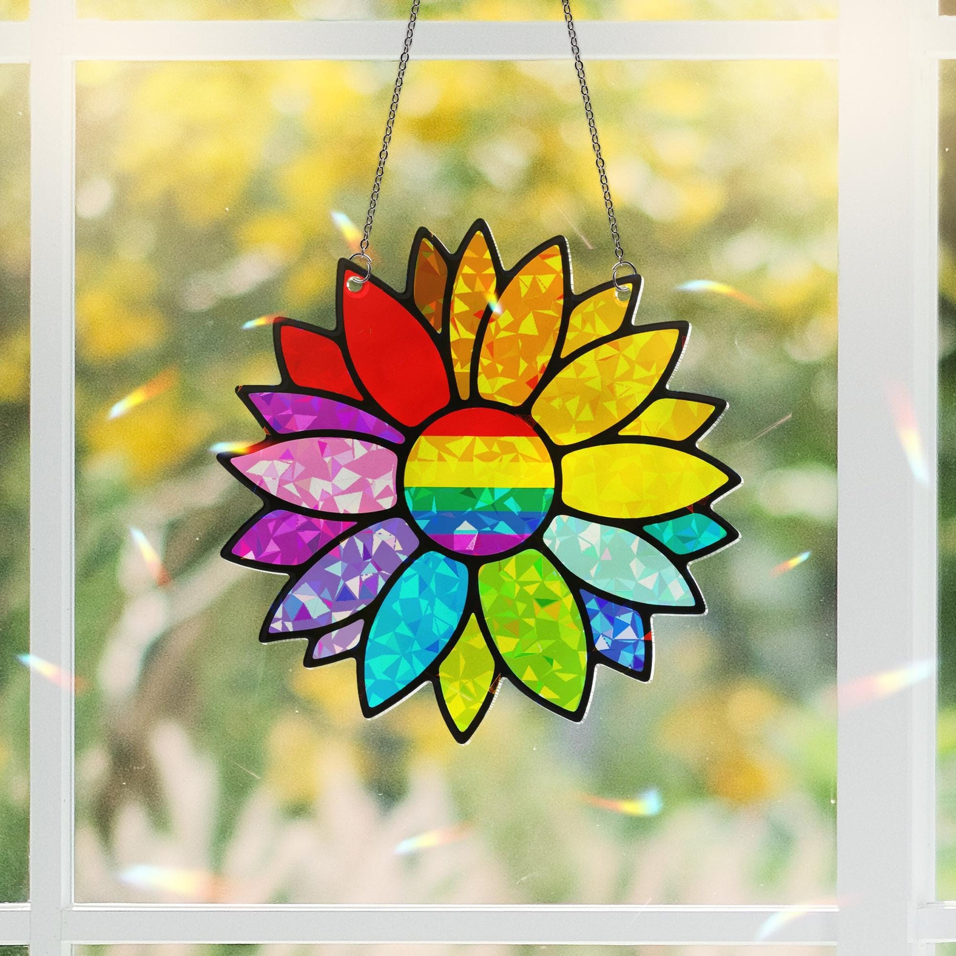 Holographic LGBT Rainbow Sunflower Acrylic Window Hanging Ornament, Colorful Floral Home Decor, Unique Gift Idea, LGBTQ+ Pride Month Gift