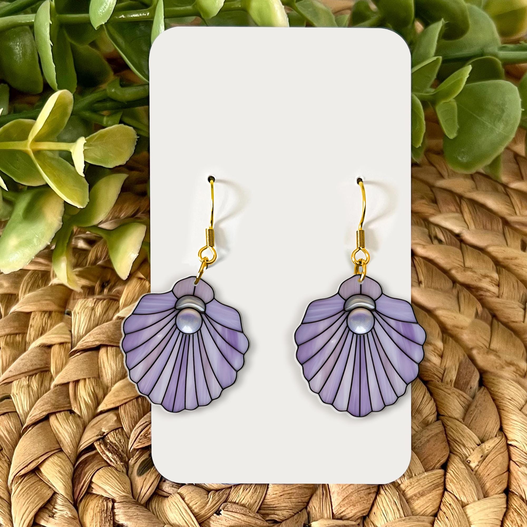 Purple Seashell Pearl Earrings – Ocean-Inspired Summer Jewelry, Beach Mermaid Aesthetic Gift for Her, Lightweight Statement Dangles