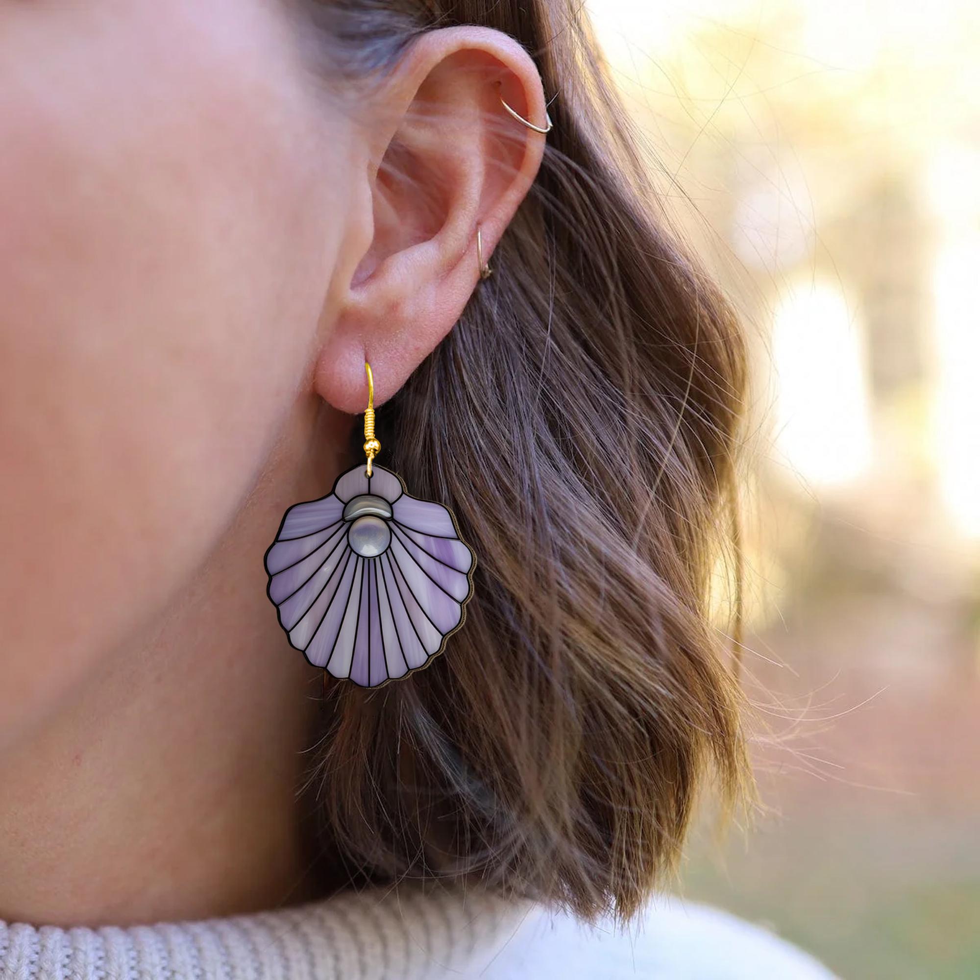 Purple Seashell Pearl Earrings – Ocean-Inspired Summer Jewelry, Beach Mermaid Aesthetic Gift for Her, Lightweight Statement Dangles