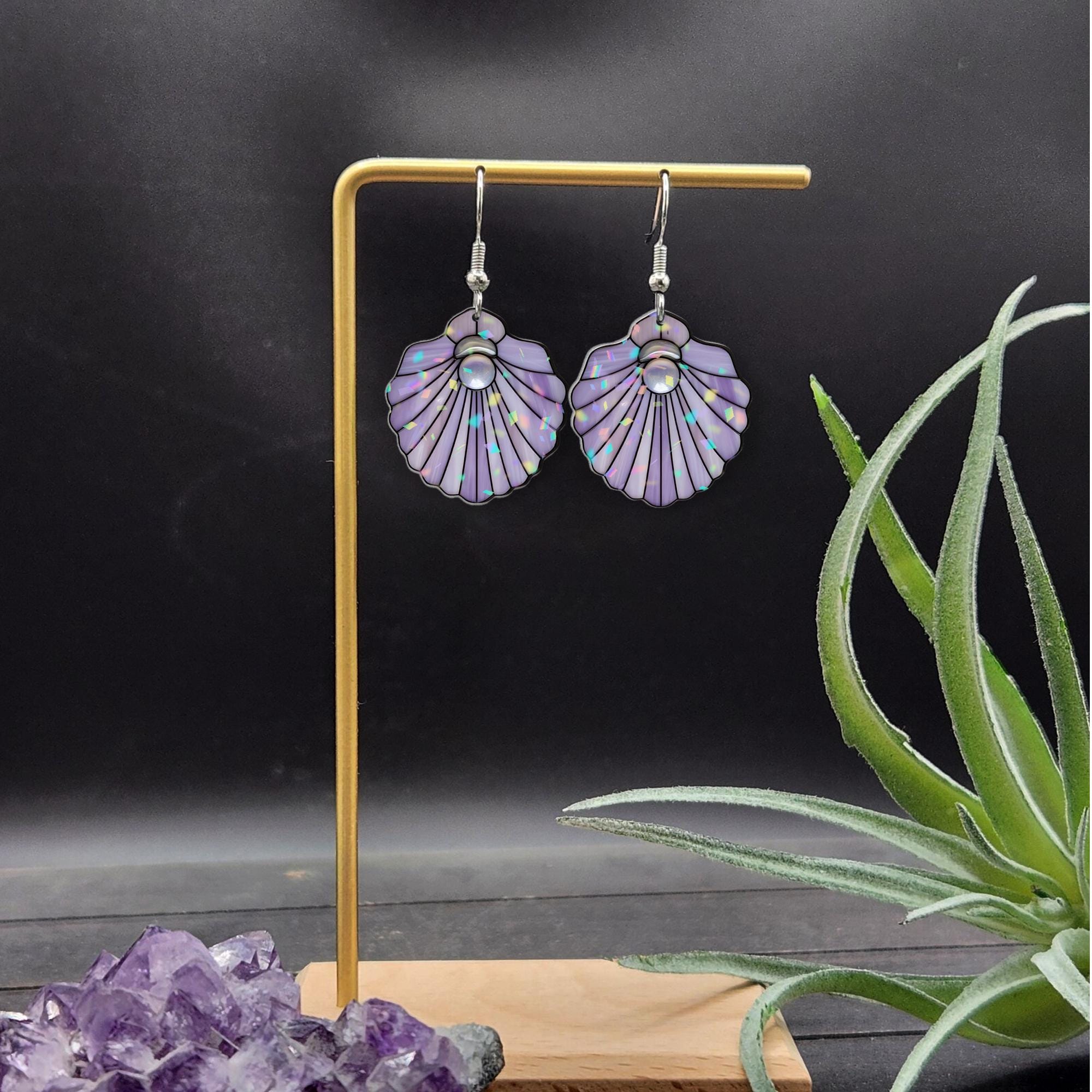 Purple Seashell Pearl Earrings – Ocean-Inspired Summer Jewelry, Beach Mermaid Aesthetic Gift for Her, Lightweight Statement Dangles