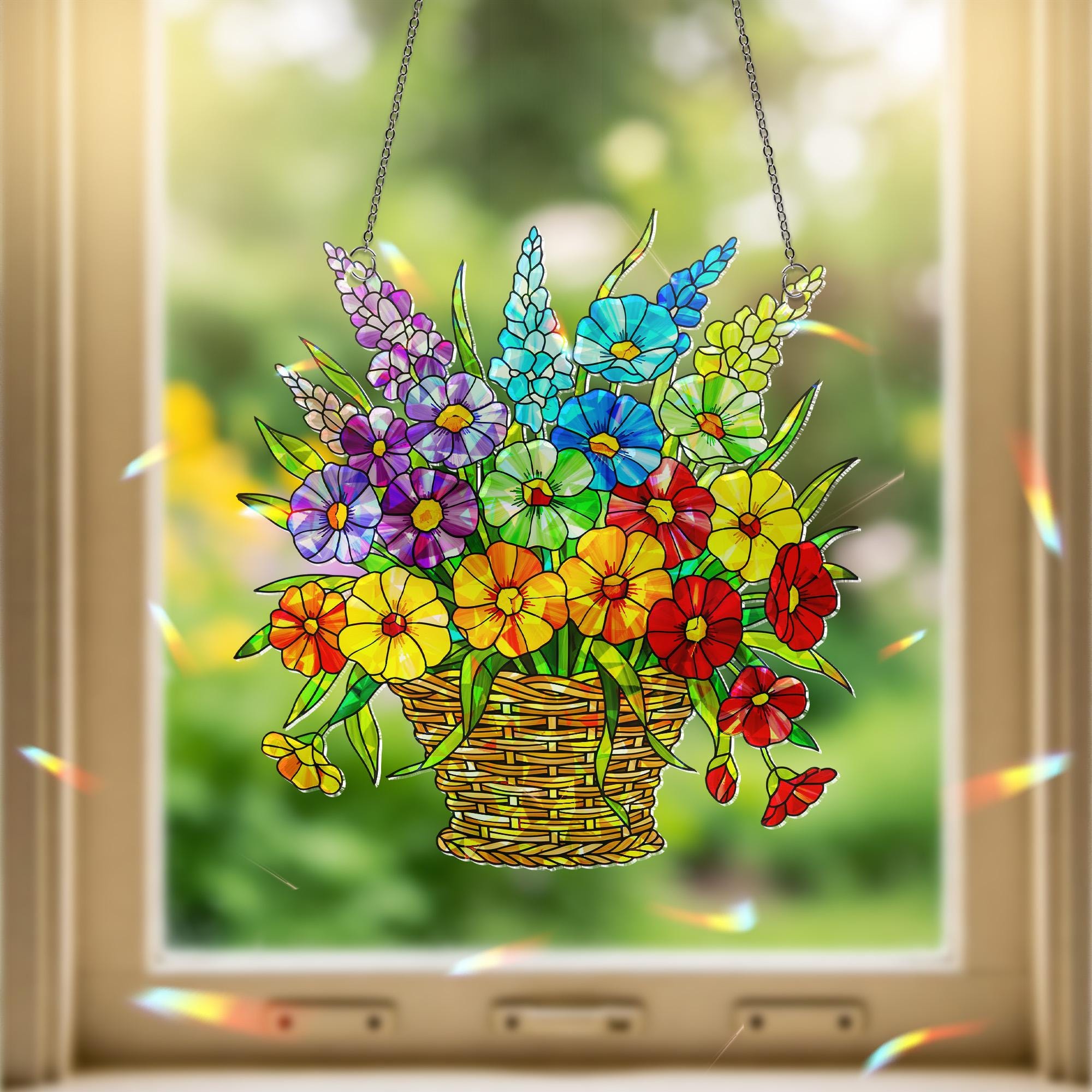 Holographic LGBT Flower Basket Acrylic Window Hanging Ornament, Rainbow Prism Floral Decor, LGBT Pride Home Decor, LGBTQ Pride Gift