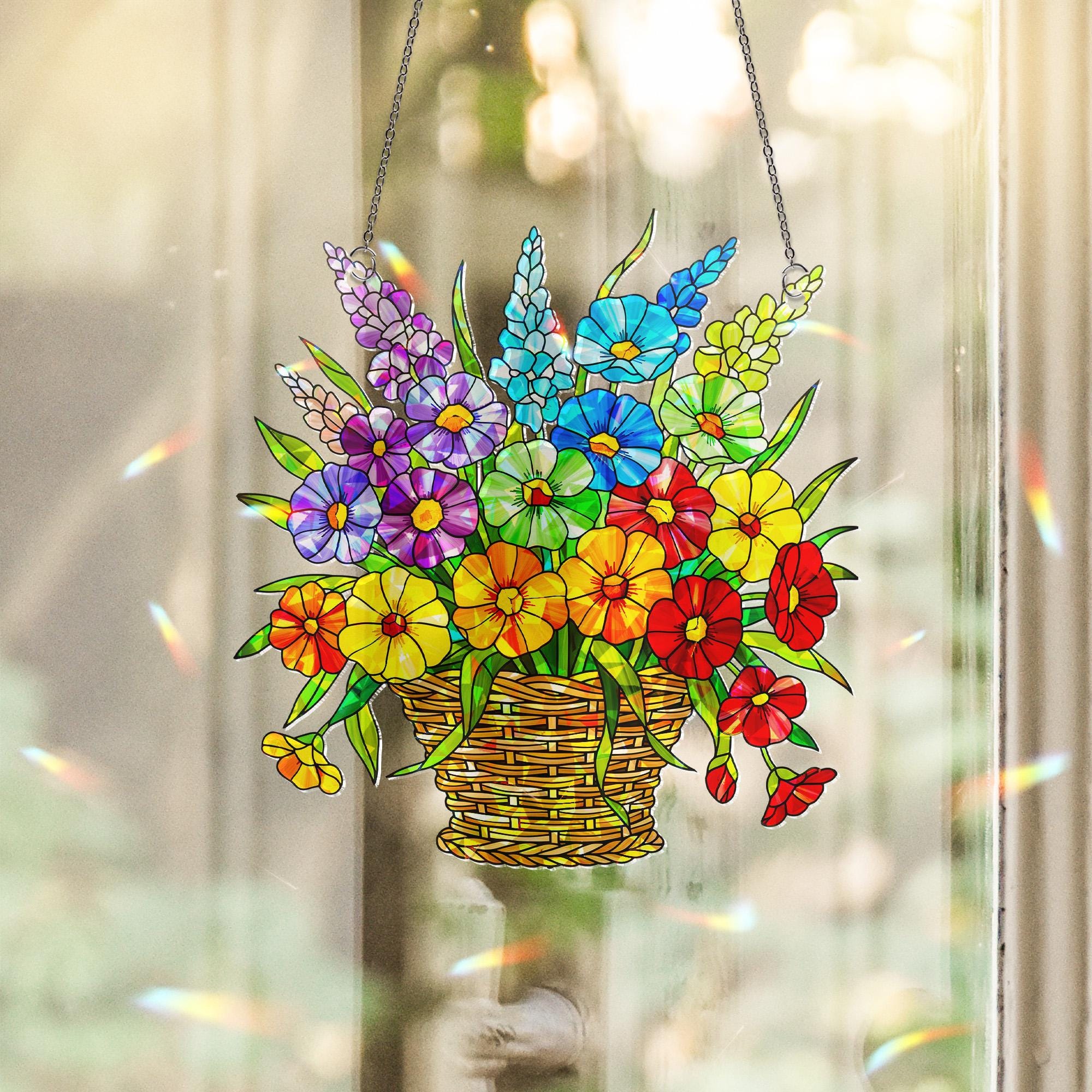 Holographic LGBT Flower Basket Acrylic Window Hanging Ornament, Rainbow Prism Floral Decor, LGBT Pride Home Decor, LGBTQ Pride Gift