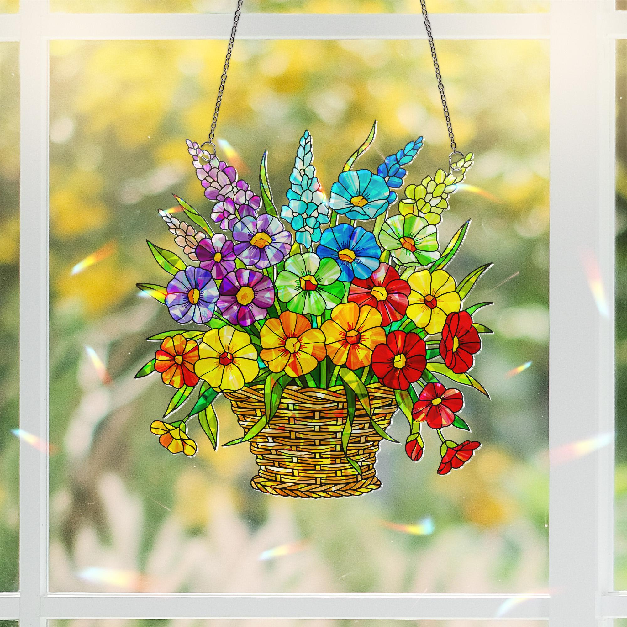 Holographic LGBT Flower Basket Acrylic Window Hanging Ornament, Rainbow Prism Floral Decor, LGBT Pride Home Decor, LGBTQ Pride Gift