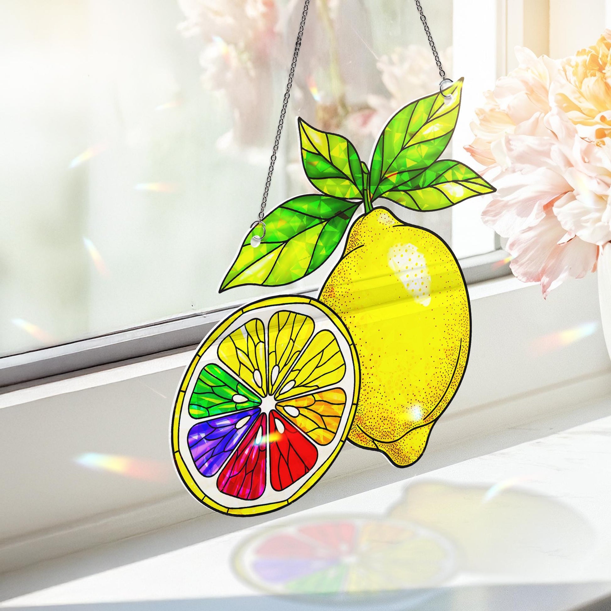 Holographic LGBT Lemon Acrylic Window Hanging Ornament, Colorful Floral Home Decor, Unique Gift Idea, LGBTQ+ Pride Month Gift