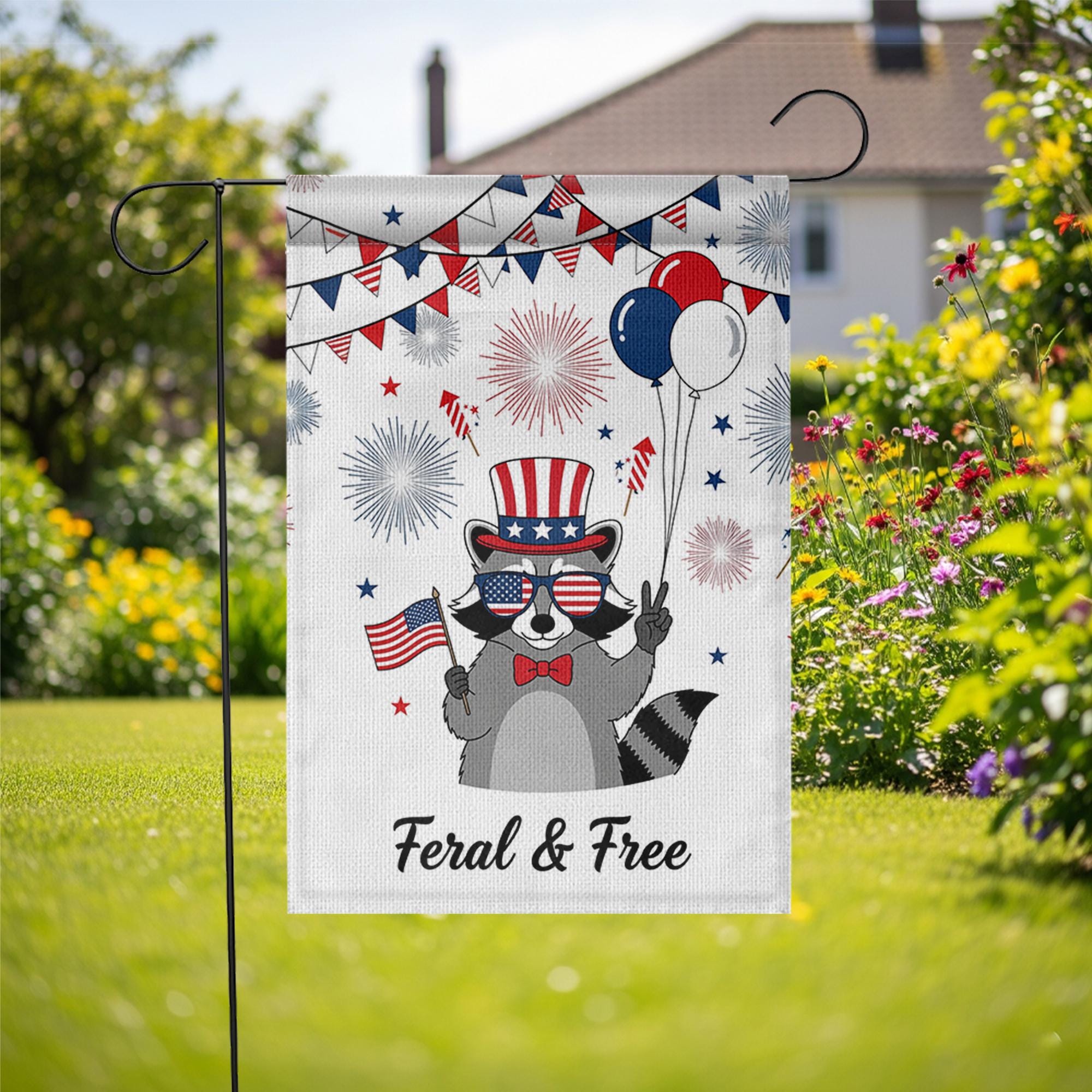 Feral and Free Garden Flag, Funny Raccoon Yard Decor, 4th of July Outdoor Flag, Patriotic Animal Banner, Independence Day Decor