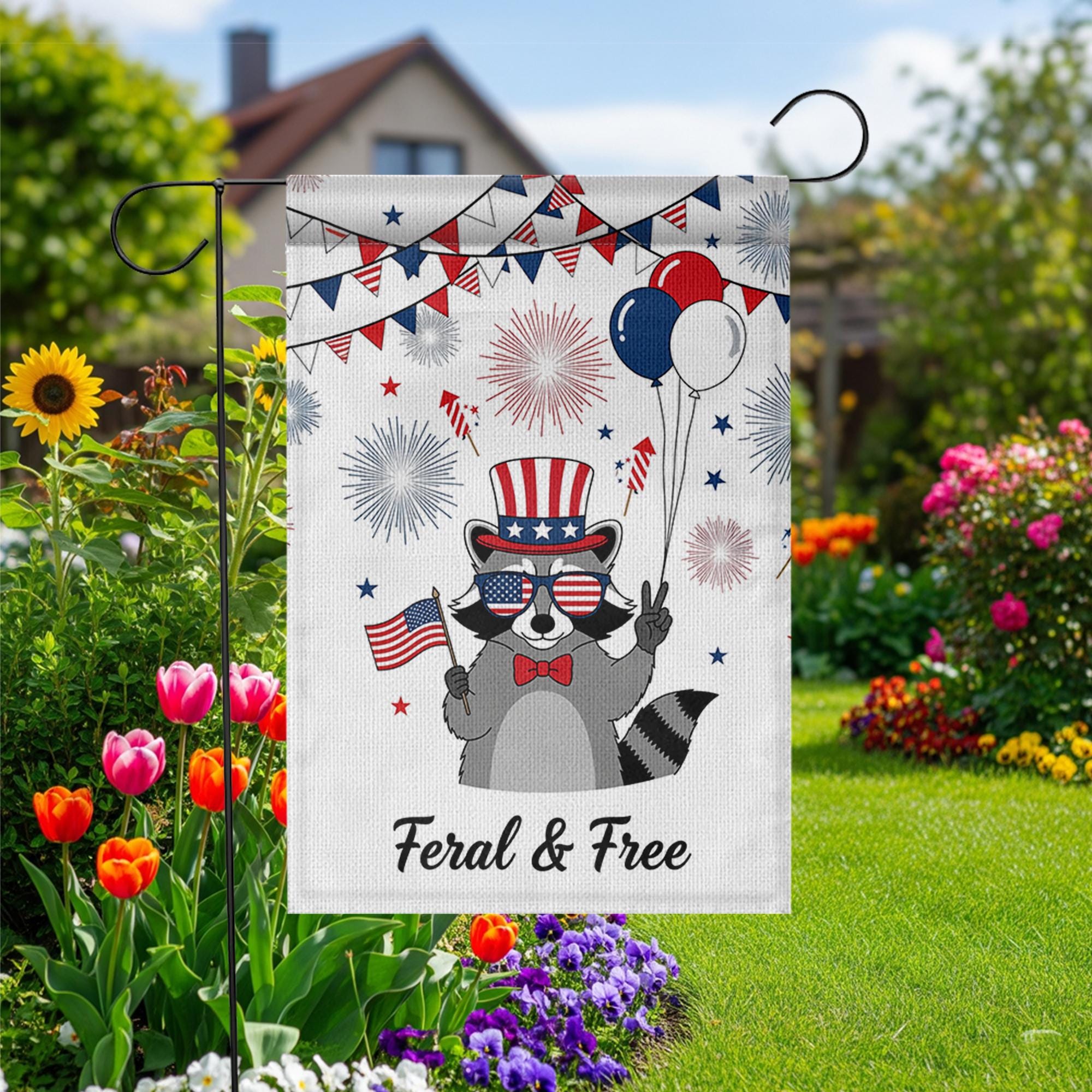 Feral and Free Garden Flag, Funny Raccoon Yard Decor, 4th of July Outdoor Flag, Patriotic Animal Banner, Independence Day Decor