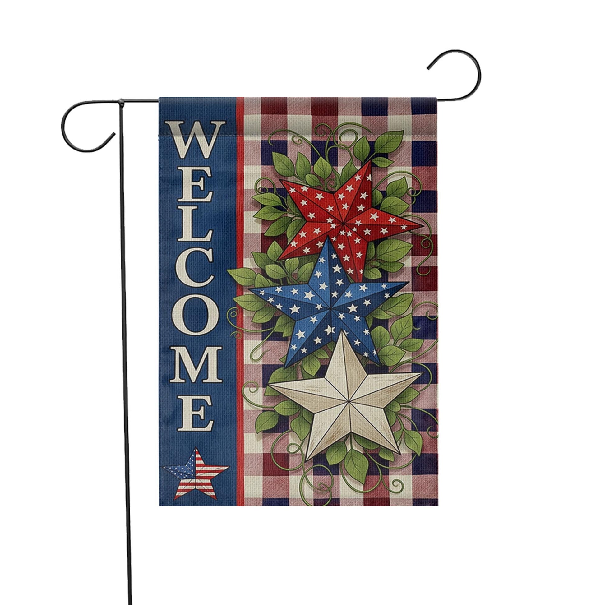 Patriotic Welcome Garden Flag, Red White Blue Star Yard Decor, 4th of July Outdoor Flag, Rustic Americana Summer Porch Banner
