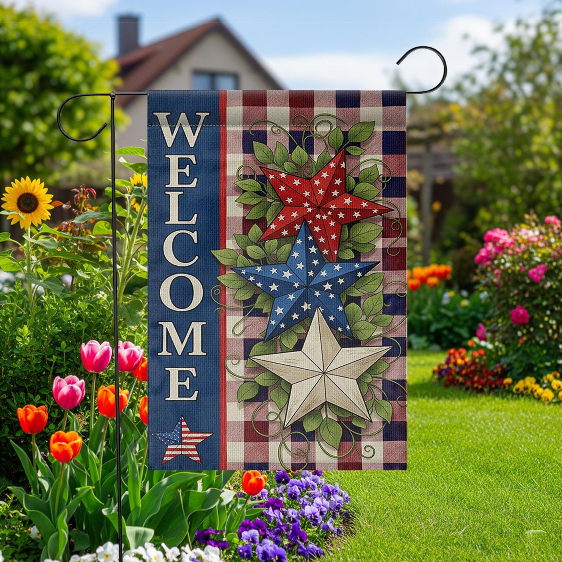 Patriotic Welcome Garden Flag, Red White Blue Star Yard Decor, 4th of July Outdoor Flag, Rustic Americana Summer Porch Banner