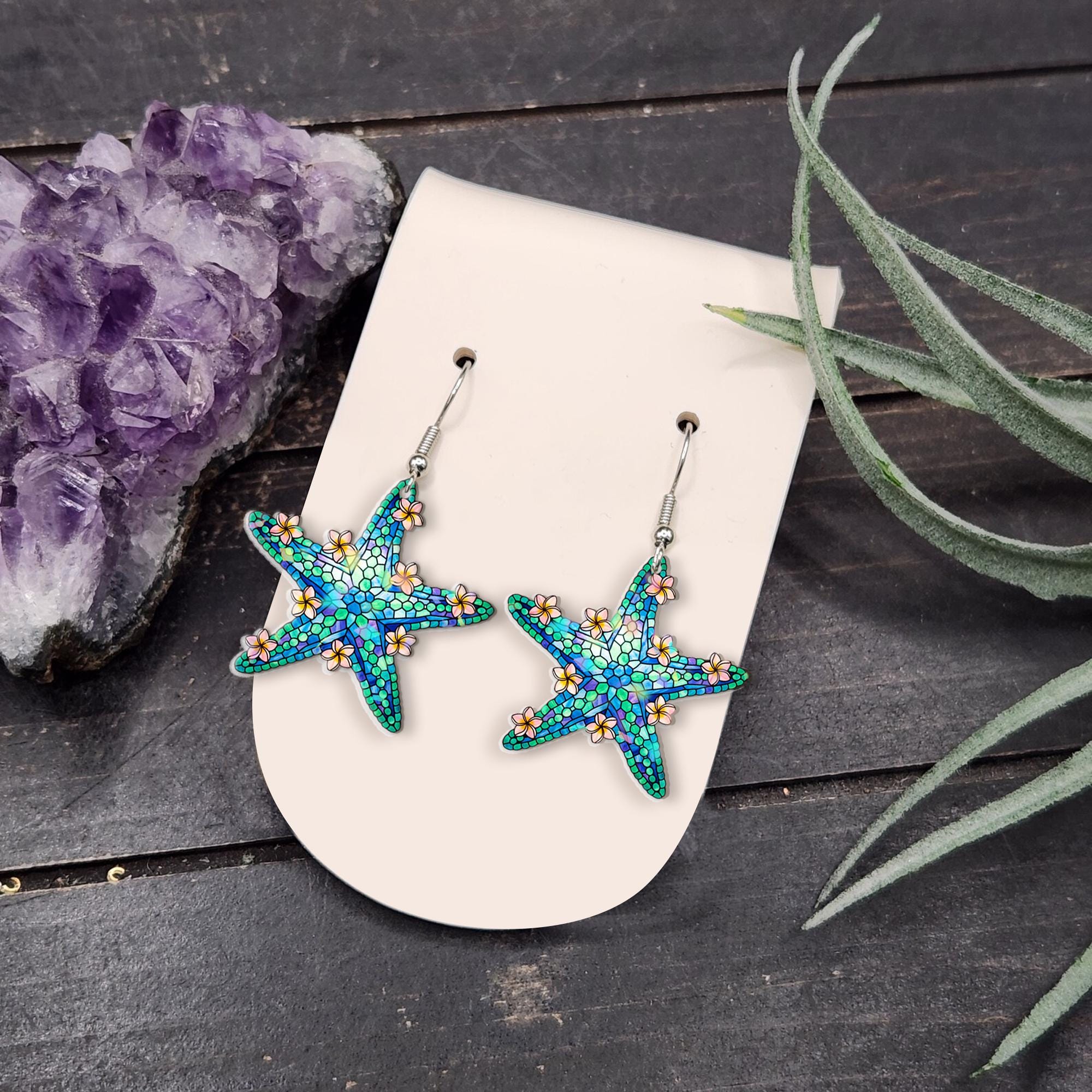Plumeria Starfish Earrings – Tropical Beach Dangle Jewelry, Ocean-Inspired Summer Gift, Floral Sea Star Accessory for Her