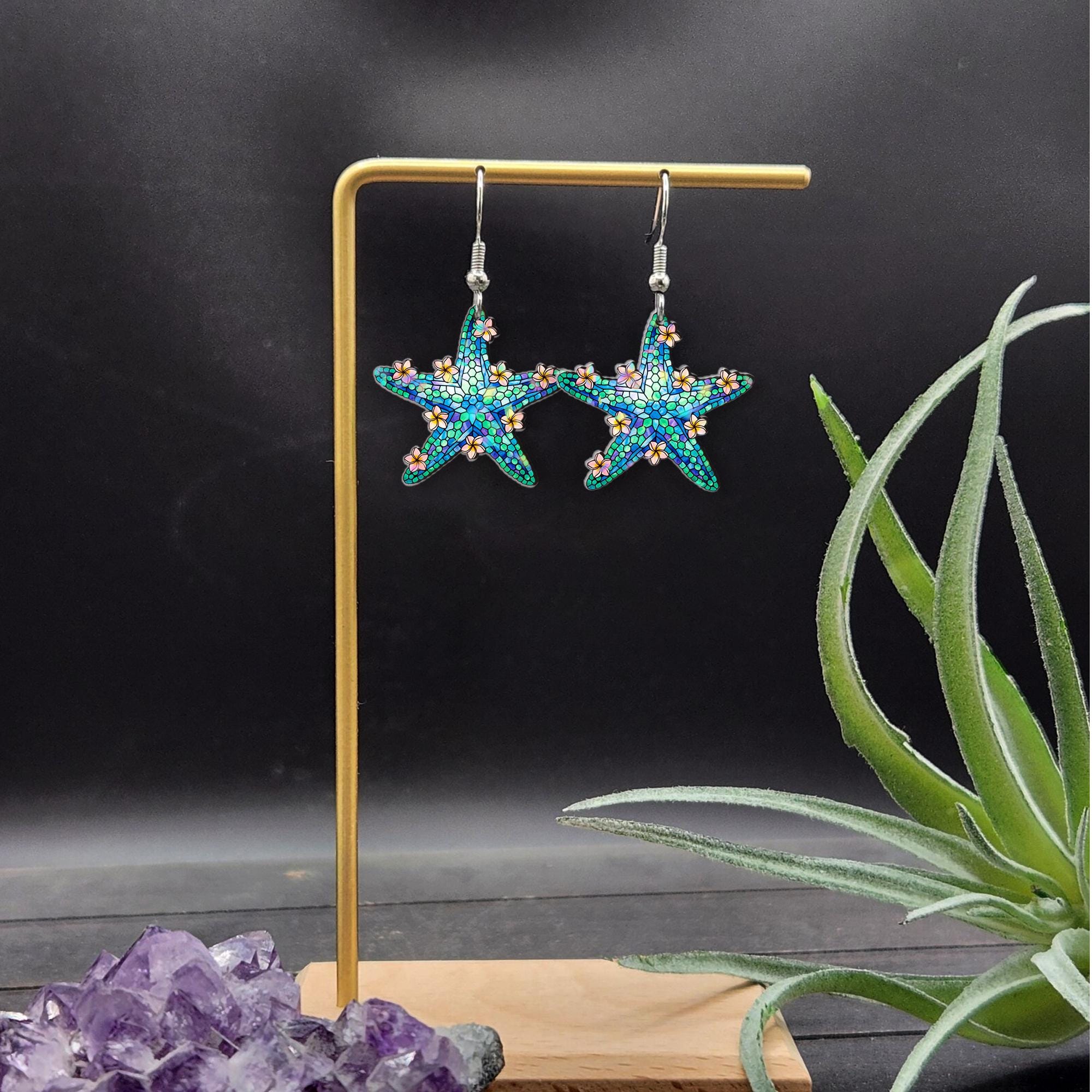 Plumeria Starfish Earrings – Tropical Beach Dangle Jewelry, Ocean-Inspired Summer Gift, Floral Sea Star Accessory for Her