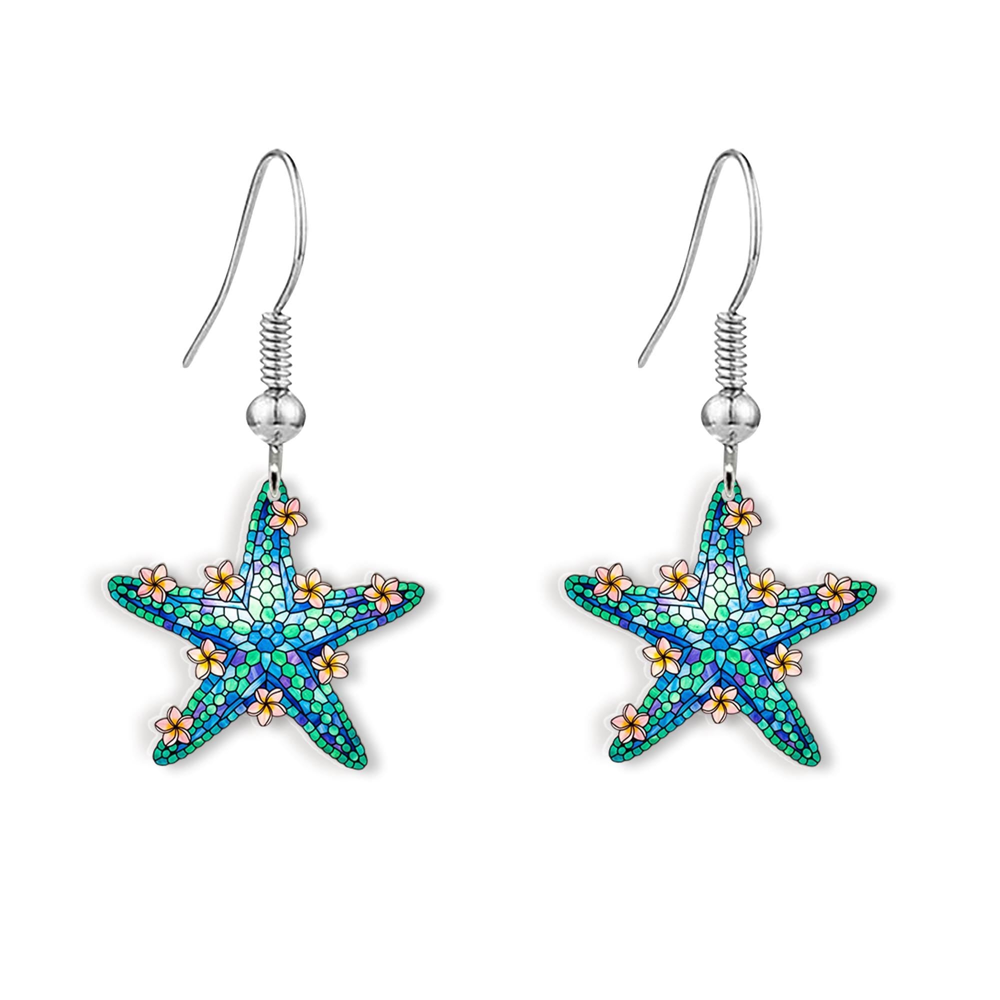 Plumeria Starfish Earrings – Tropical Beach Dangle Jewelry, Ocean-Inspired Summer Gift, Floral Sea Star Accessory for Her