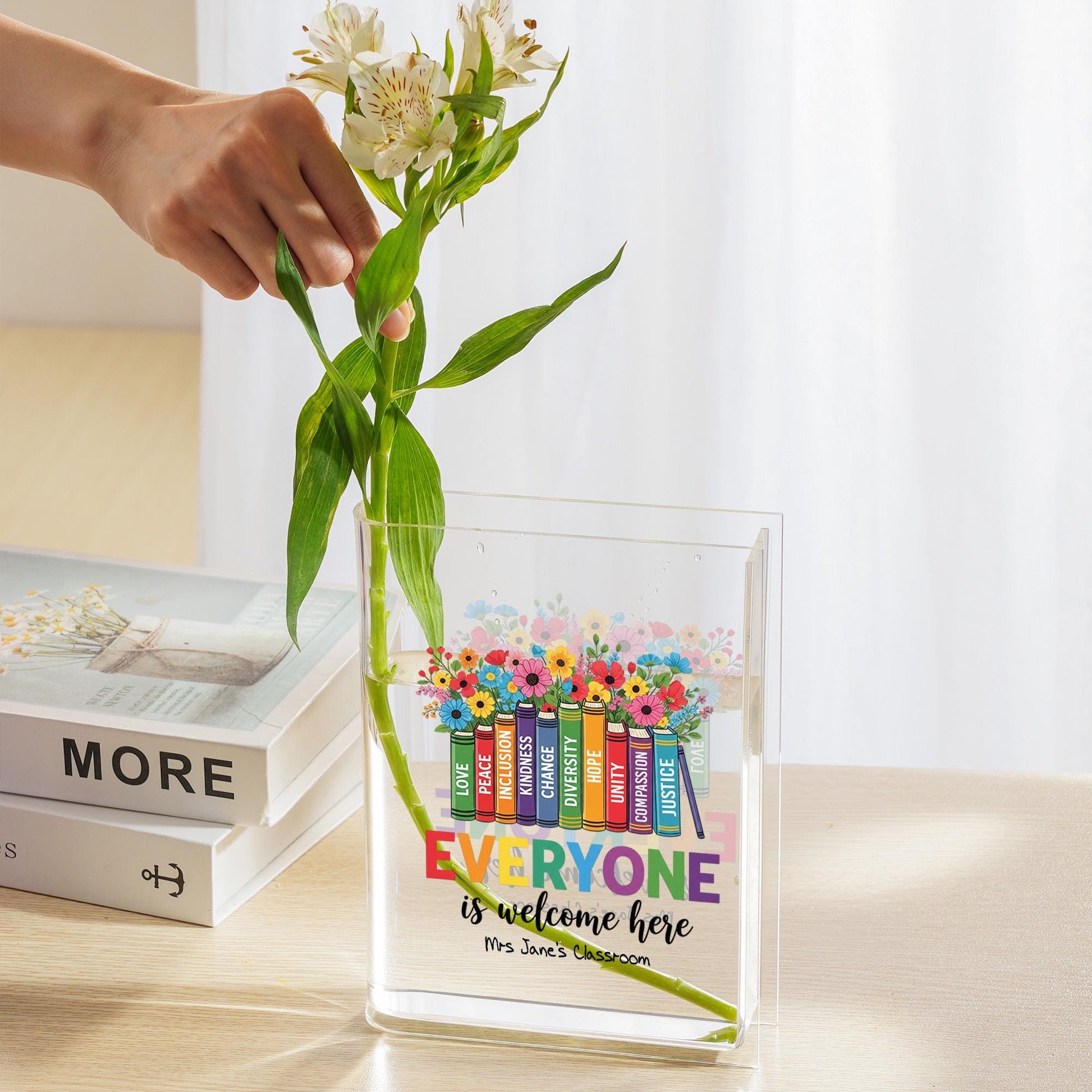 Teacher Book Vase Everyone is Welcome | Pride Month Classroom Decor | Autism Awareness Gift | LGBTQ Inclusive Teacher Appreciation
