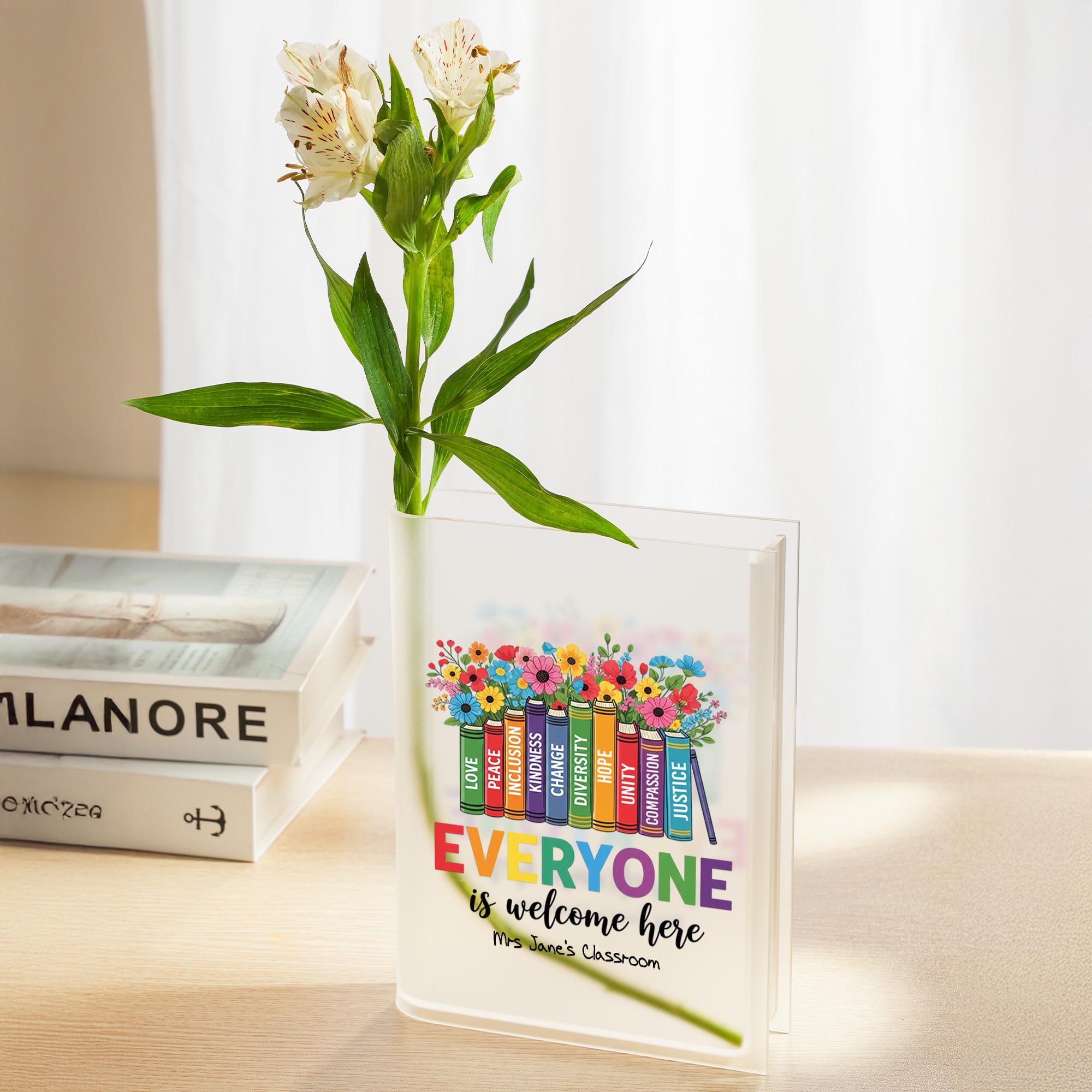 Teacher Book Vase Everyone is Welcome | Pride Month Classroom Decor | Autism Awareness Gift | LGBTQ Inclusive Teacher Appreciation