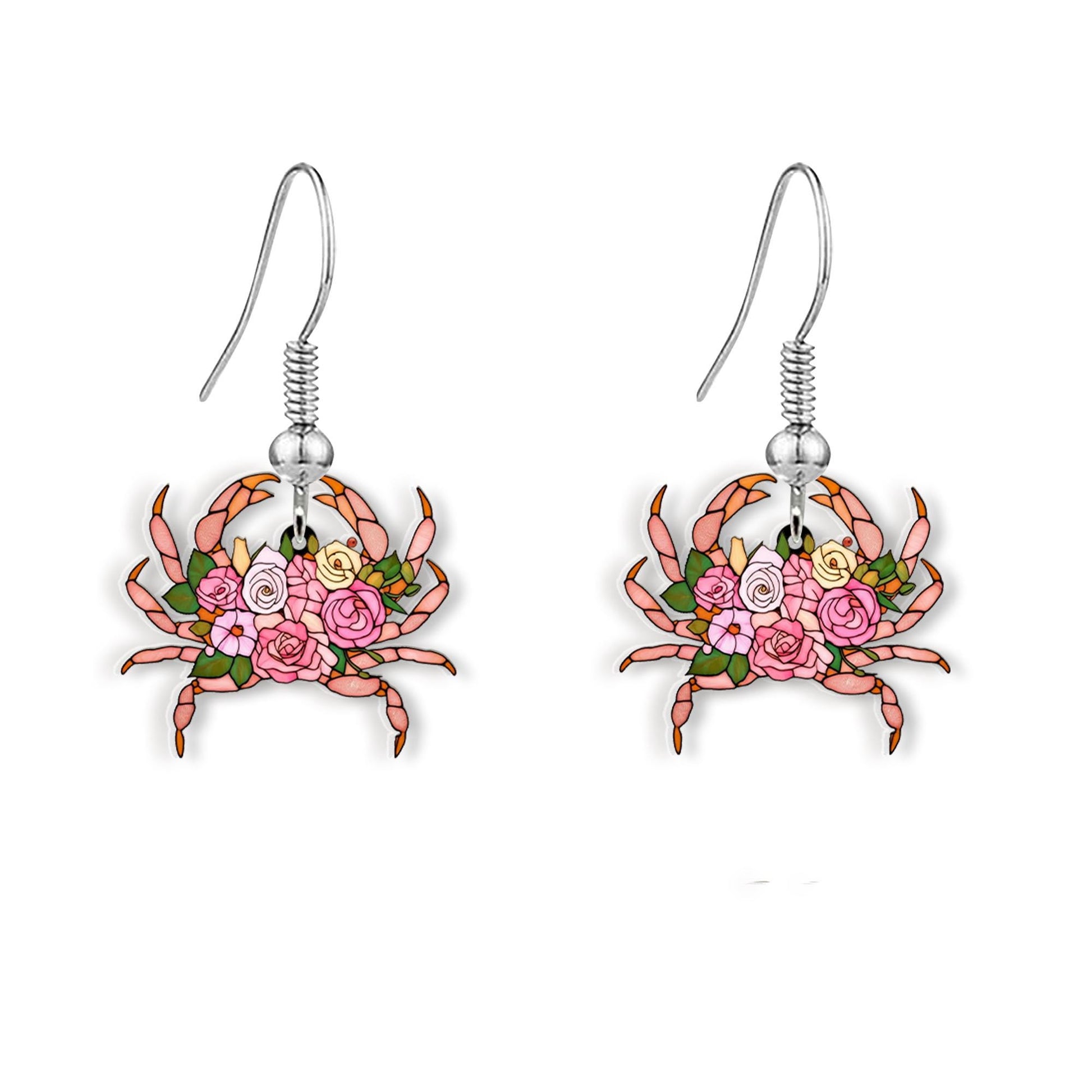 Floral Crab Earrings – Rose Garden Sea Creature Jewelry, Beachy Ocean Gift for Her, Coastal Dangle Earrings with Boho Bloom Design