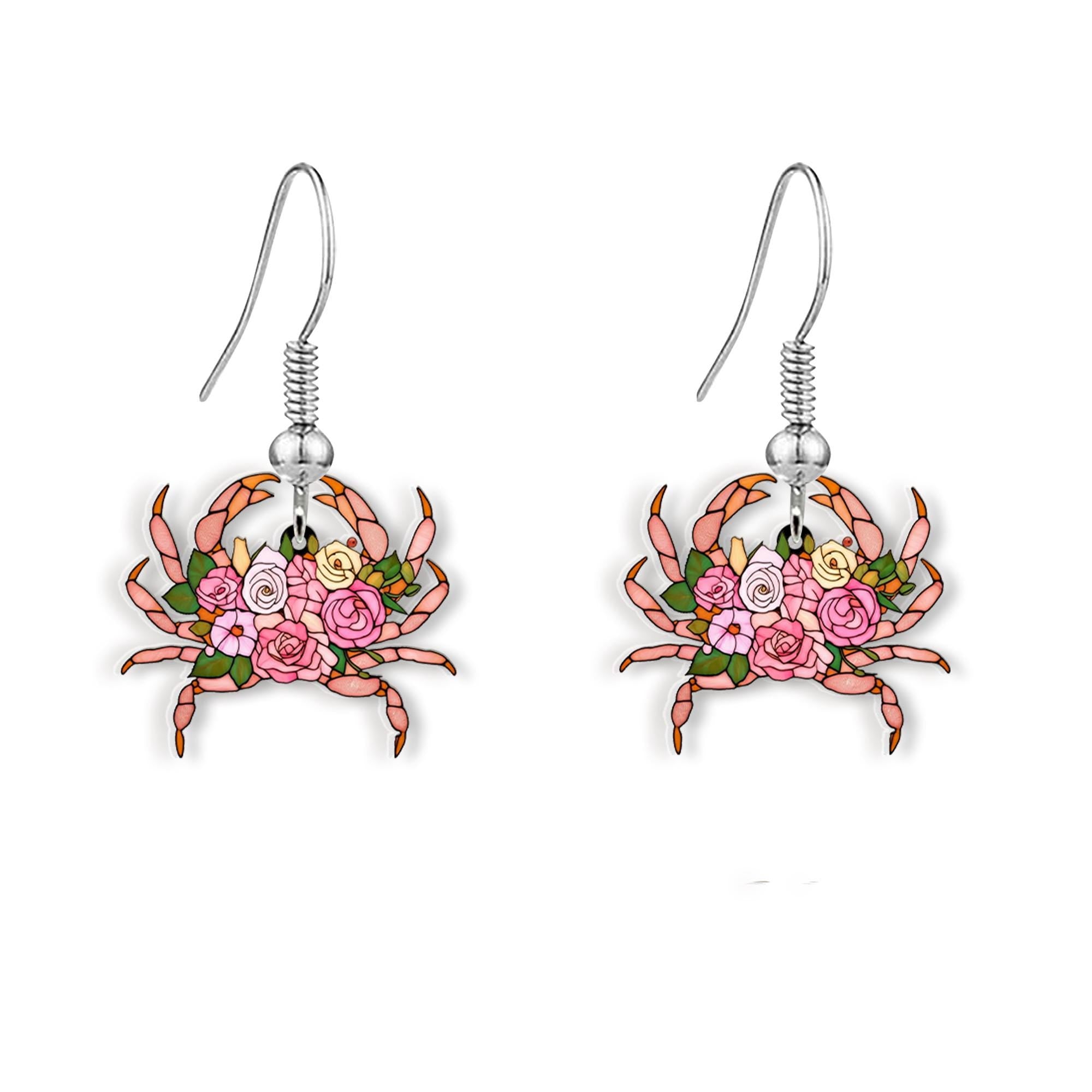 Floral Crab Earrings – Rose Garden Sea Creature Jewelry, Beachy Ocean Gift for Her, Coastal Dangle Earrings with Boho Bloom Design