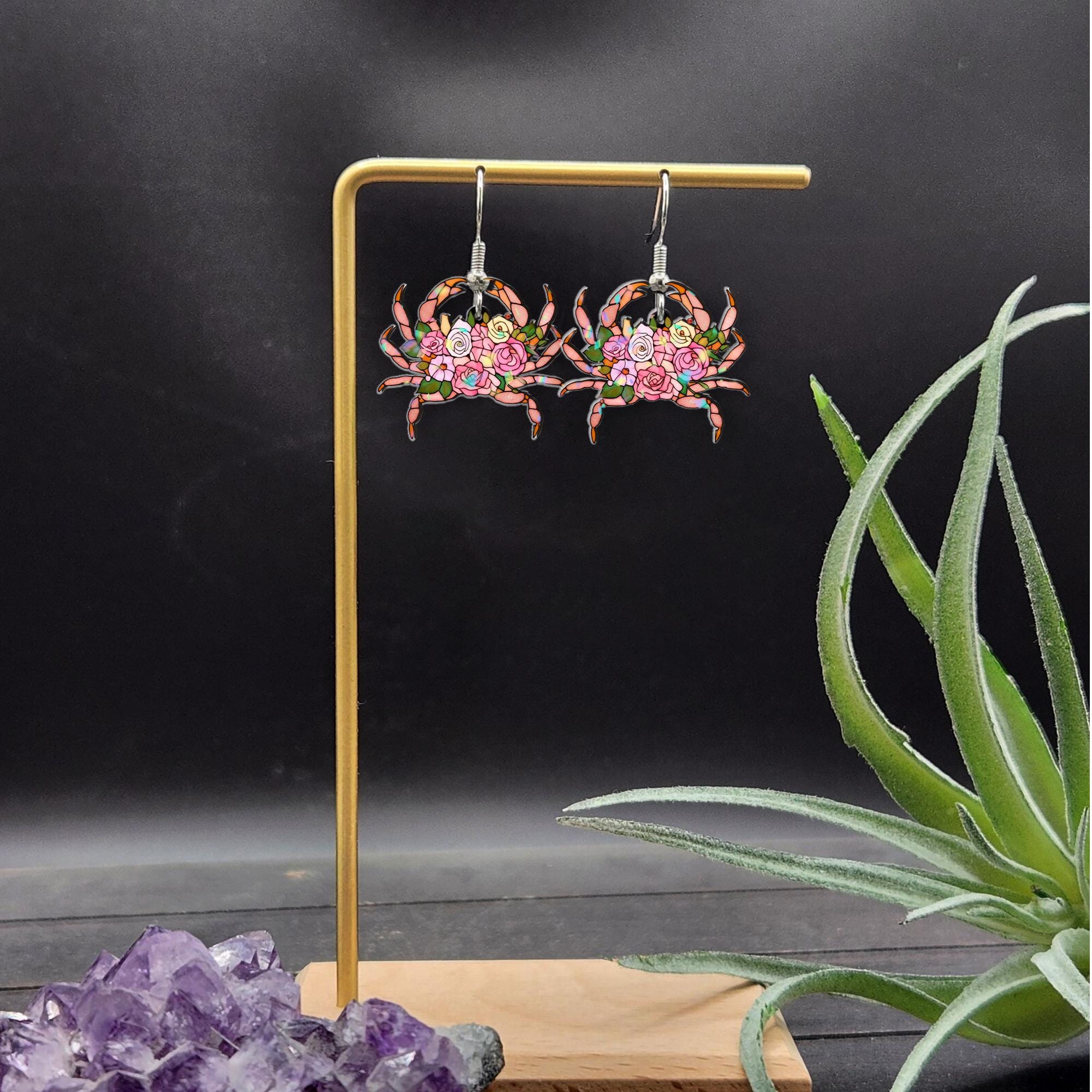 Floral Crab Earrings – Rose Garden Sea Creature Jewelry, Beachy Ocean Gift for Her, Coastal Dangle Earrings with Boho Bloom Design