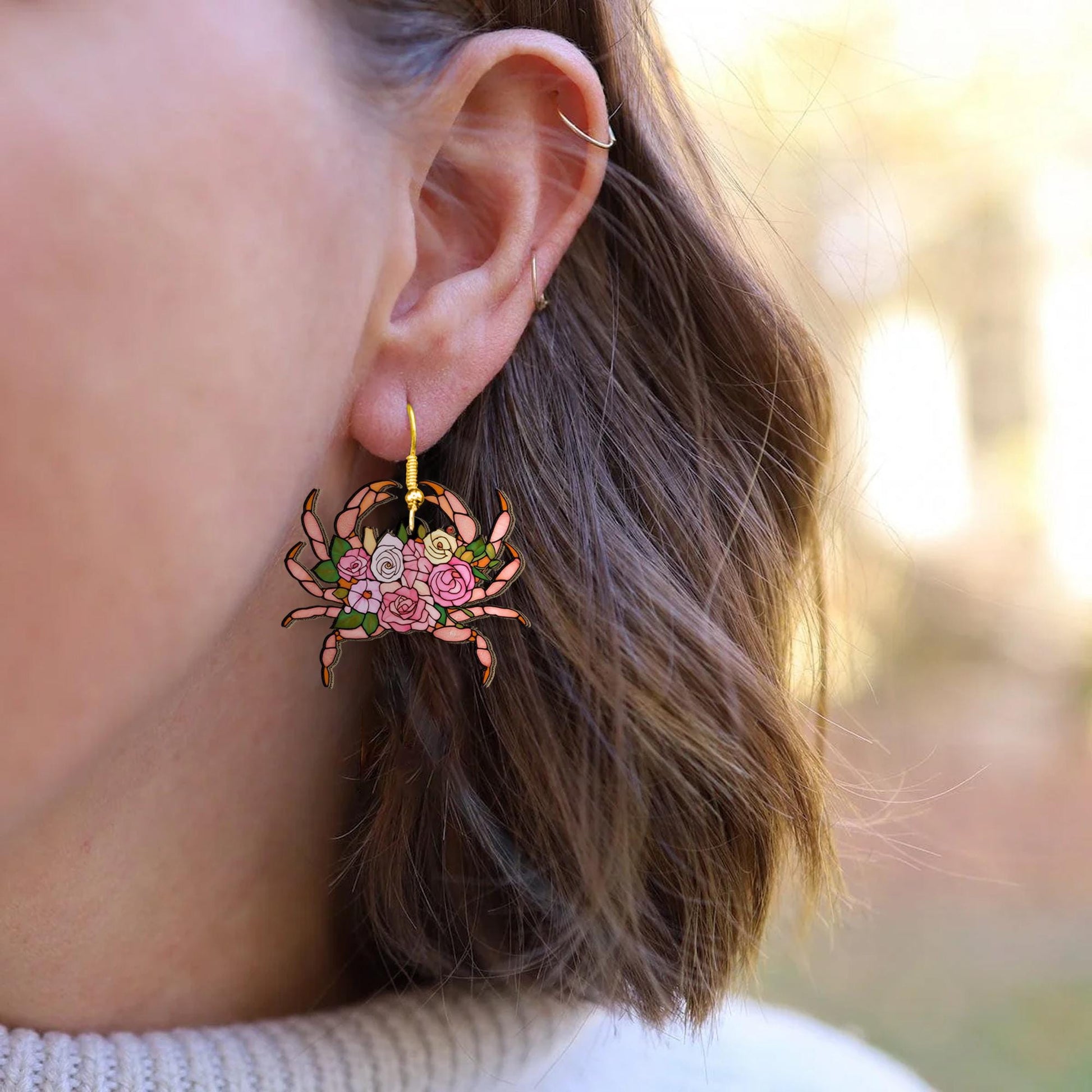 Floral Crab Earrings – Rose Garden Sea Creature Jewelry, Beachy Ocean Gift for Her, Coastal Dangle Earrings with Boho Bloom Design