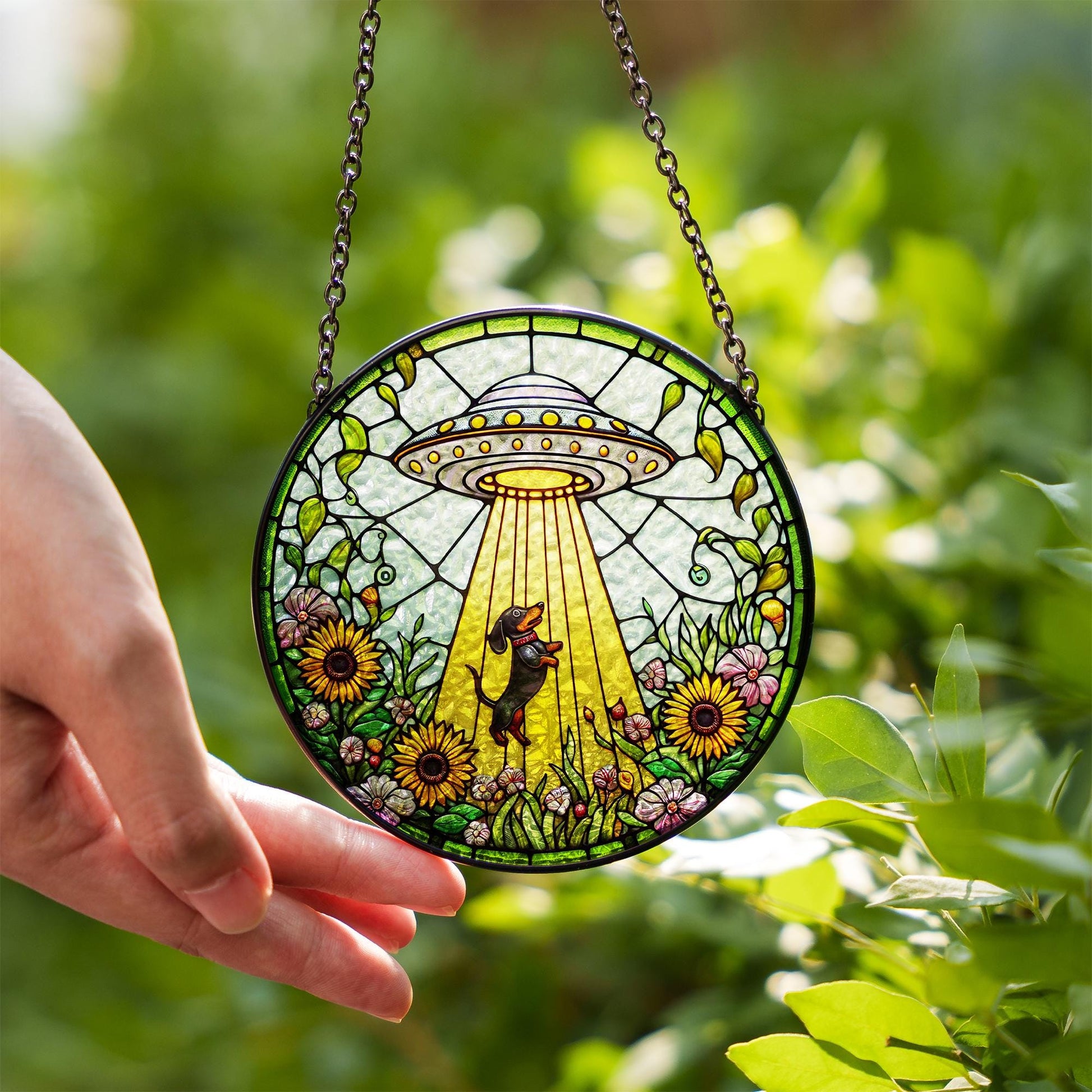 UFO Dachshund Fauxed Stained Glass Suncatcher – Alien Dog Window Hanging, Whimsical Sunflower Decor, Funny Gift for Dog & Space Lovers