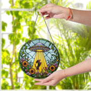 UFO Dachshund Fauxed Stained Glass Suncatcher – Alien Dog Window Hanging, Whimsical Sunflower Decor, Funny Gift for Dog & Space Lovers