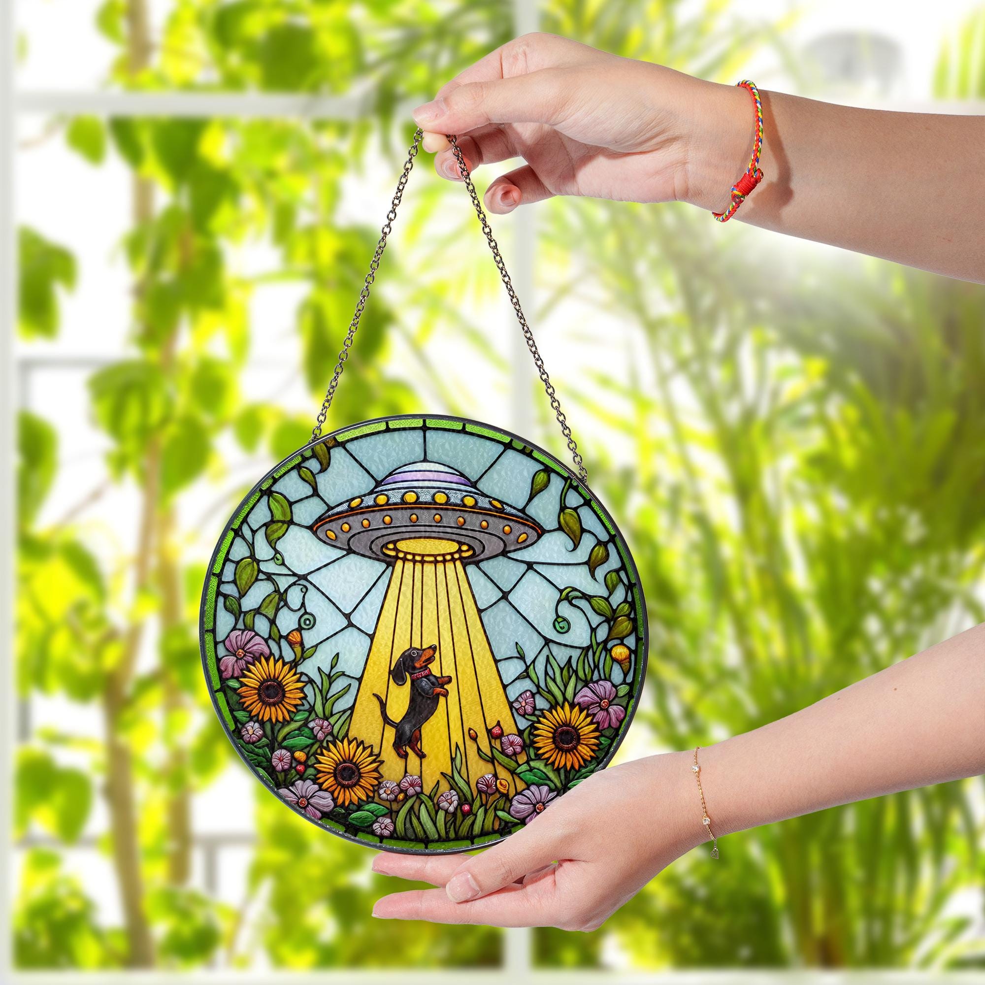 UFO Dachshund Fauxed Stained Glass Suncatcher – Alien Dog Window Hanging, Whimsical Sunflower Decor, Funny Gift for Dog & Space Lovers