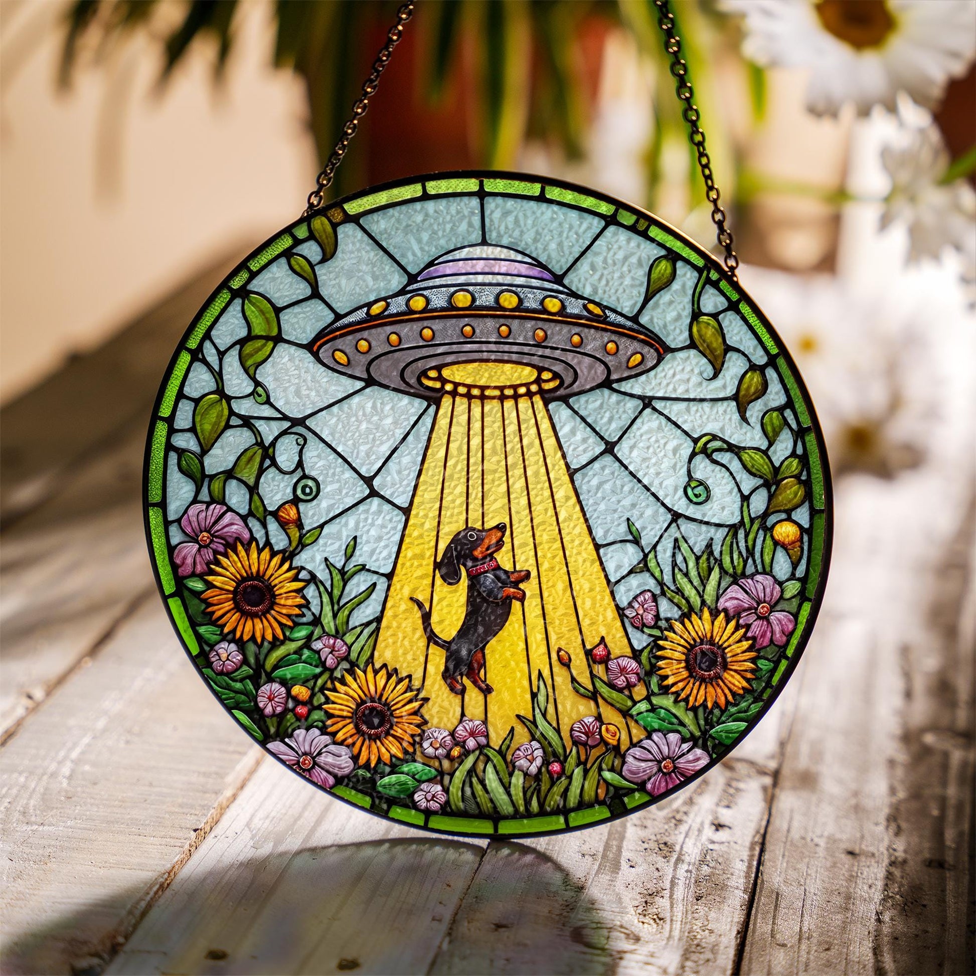 UFO Dachshund Fauxed Stained Glass Suncatcher – Alien Dog Window Hanging, Whimsical Sunflower Decor, Funny Gift for Dog & Space Lovers