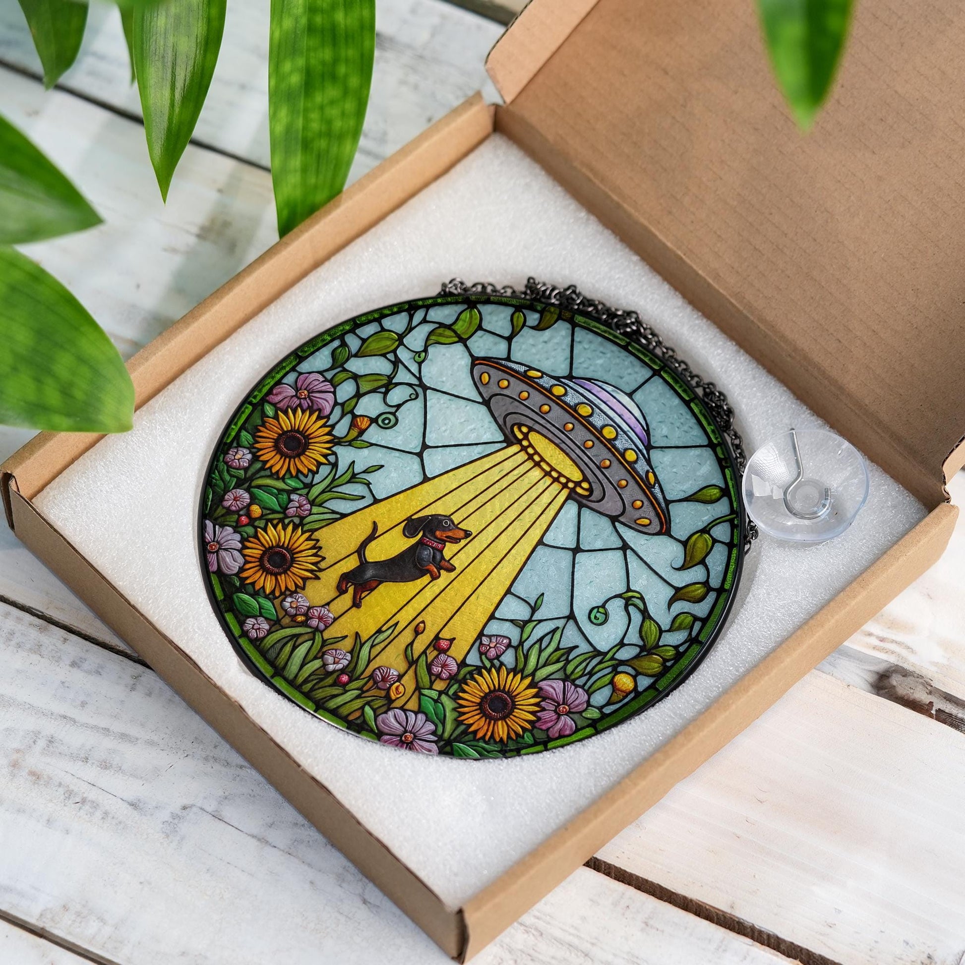 UFO Dachshund Fauxed Stained Glass Suncatcher – Alien Dog Window Hanging, Whimsical Sunflower Decor, Funny Gift for Dog & Space Lovers