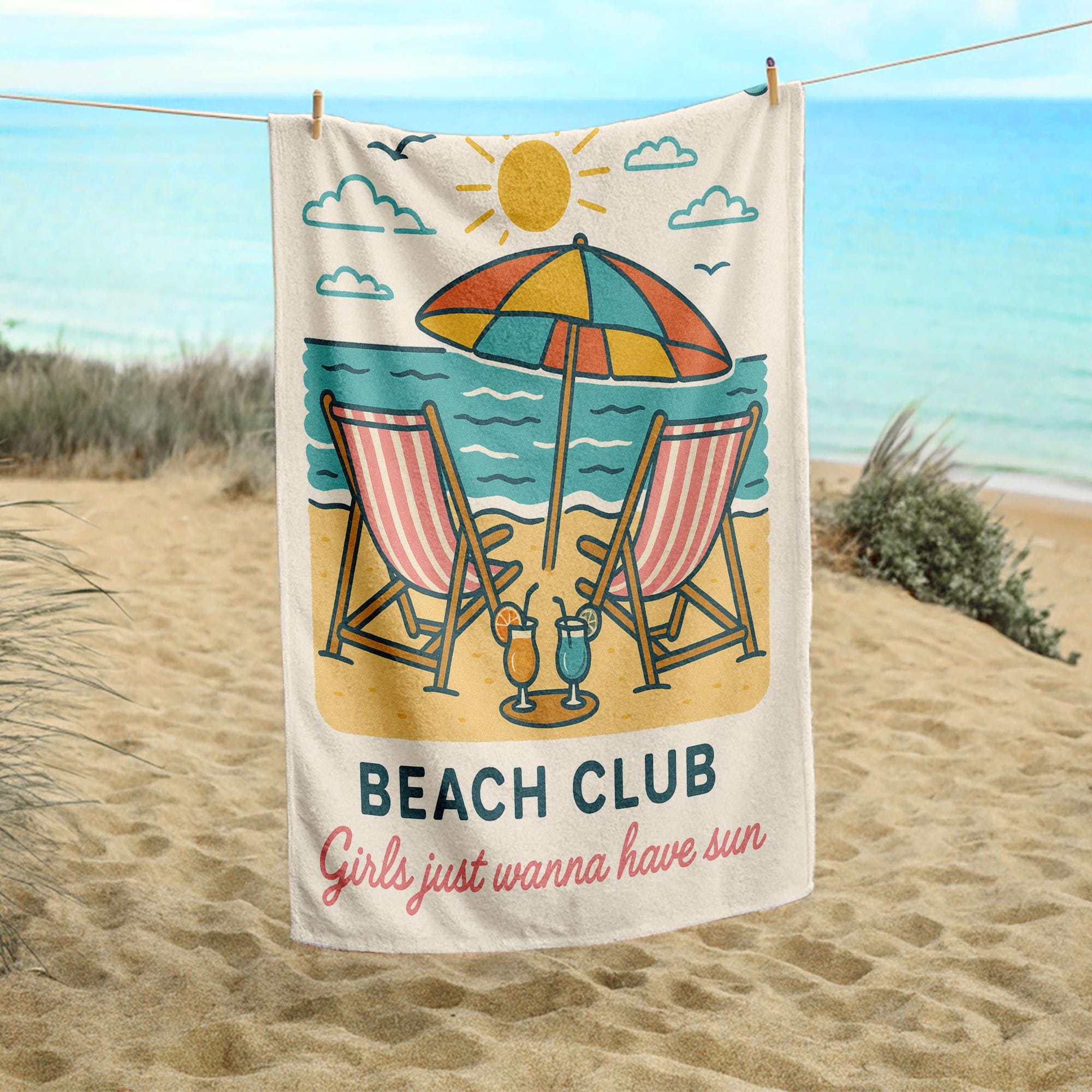 Salty Moms Beach Towel – Funny Beach Club Towel for Women, Summer Vacation Gift, Retro Girls Just Wanna Have Sun Coastal Towel