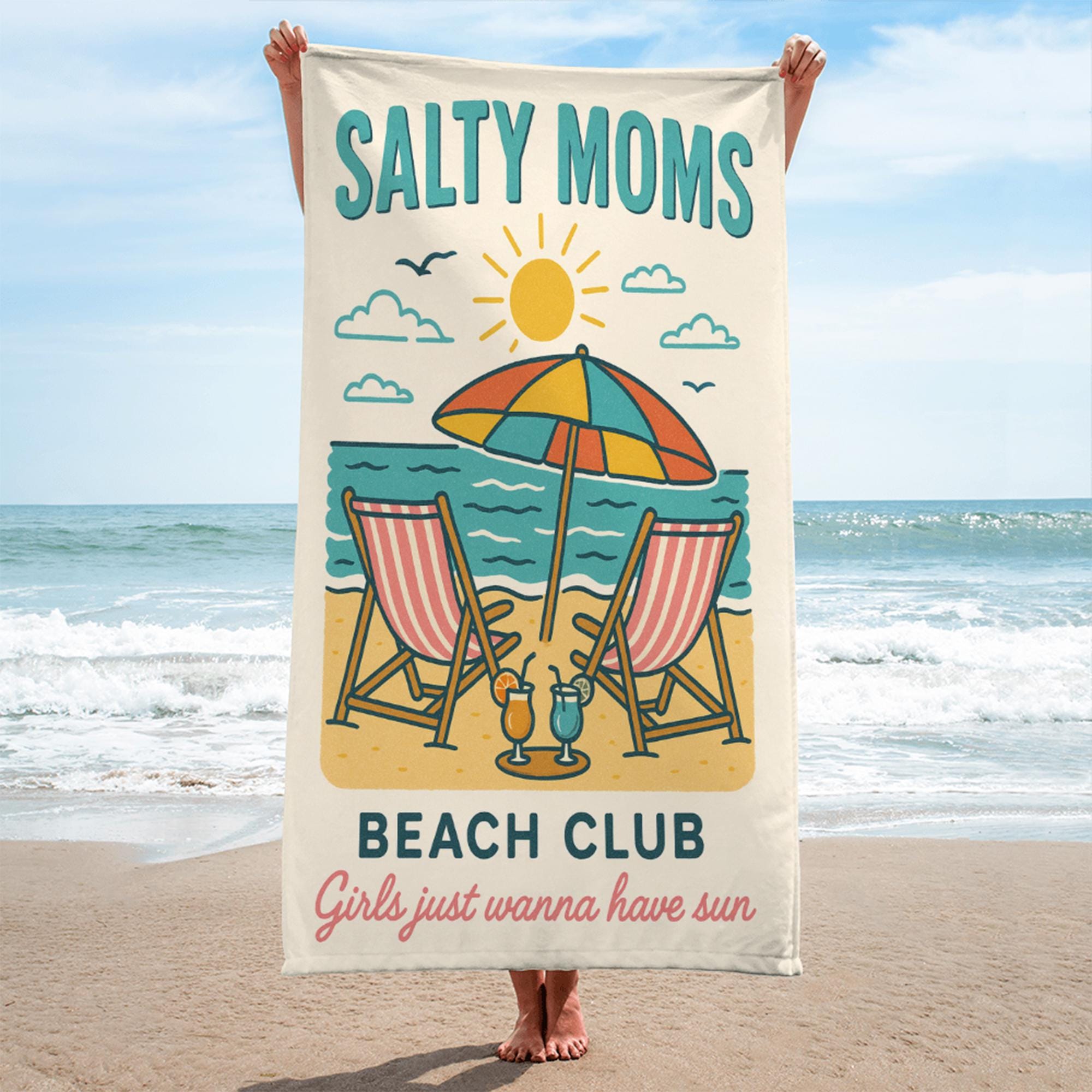 Salty Moms Beach Towel – Funny Beach Club Towel for Women, Summer Vacation Gift, Retro Girls Just Wanna Have Sun Coastal Towel