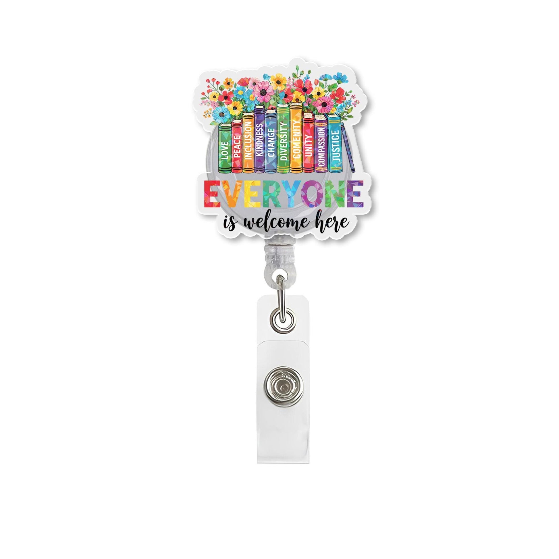 Everyone Is Welcome Here Badge Reel – Inclusive Bookstack ID Clip – Pride Teacher or Librarian Gift – Diversity Floral Badge Holder