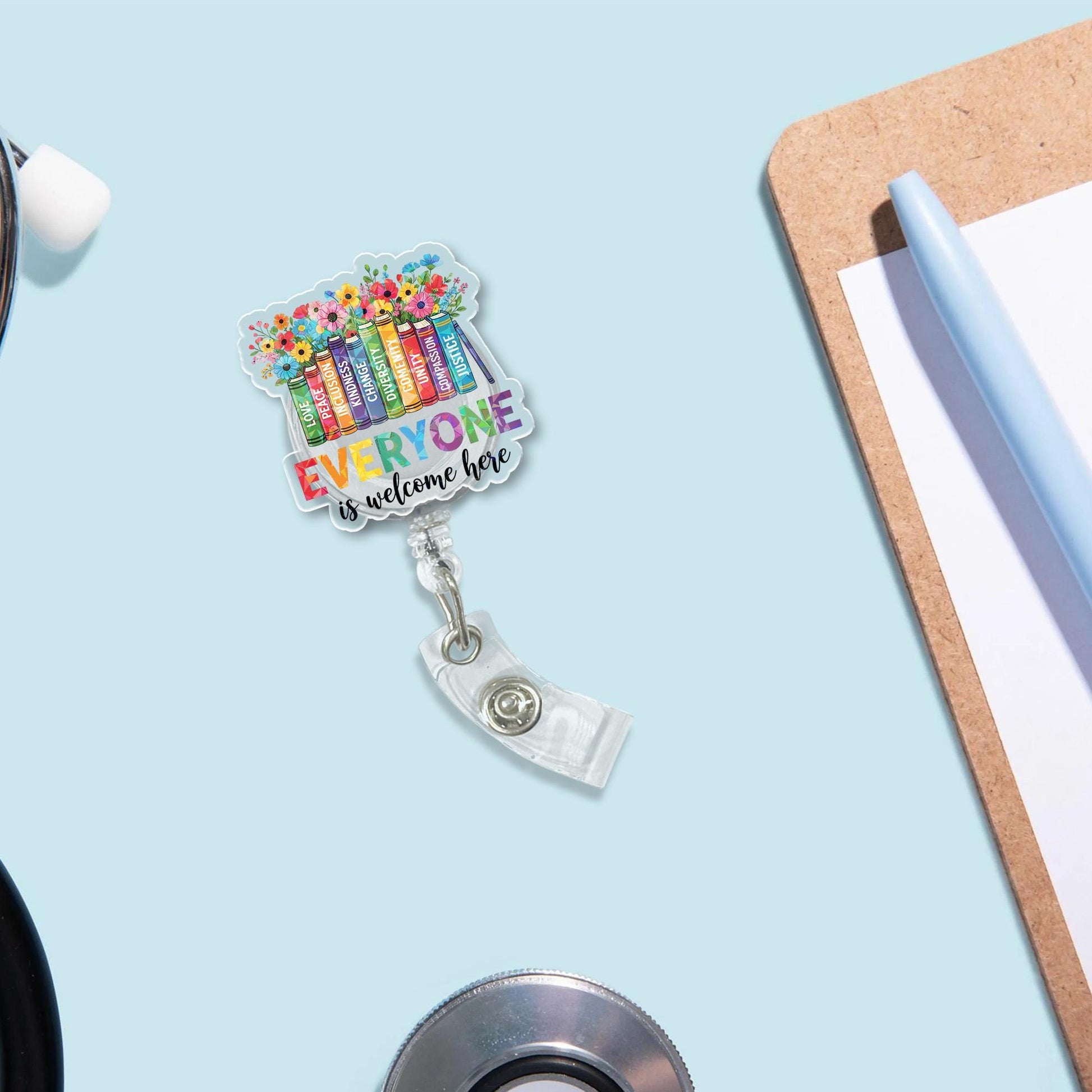 Everyone Is Welcome Here Badge Reel – Inclusive Bookstack ID Clip – Pride Teacher or Librarian Gift – Diversity Floral Badge Holder