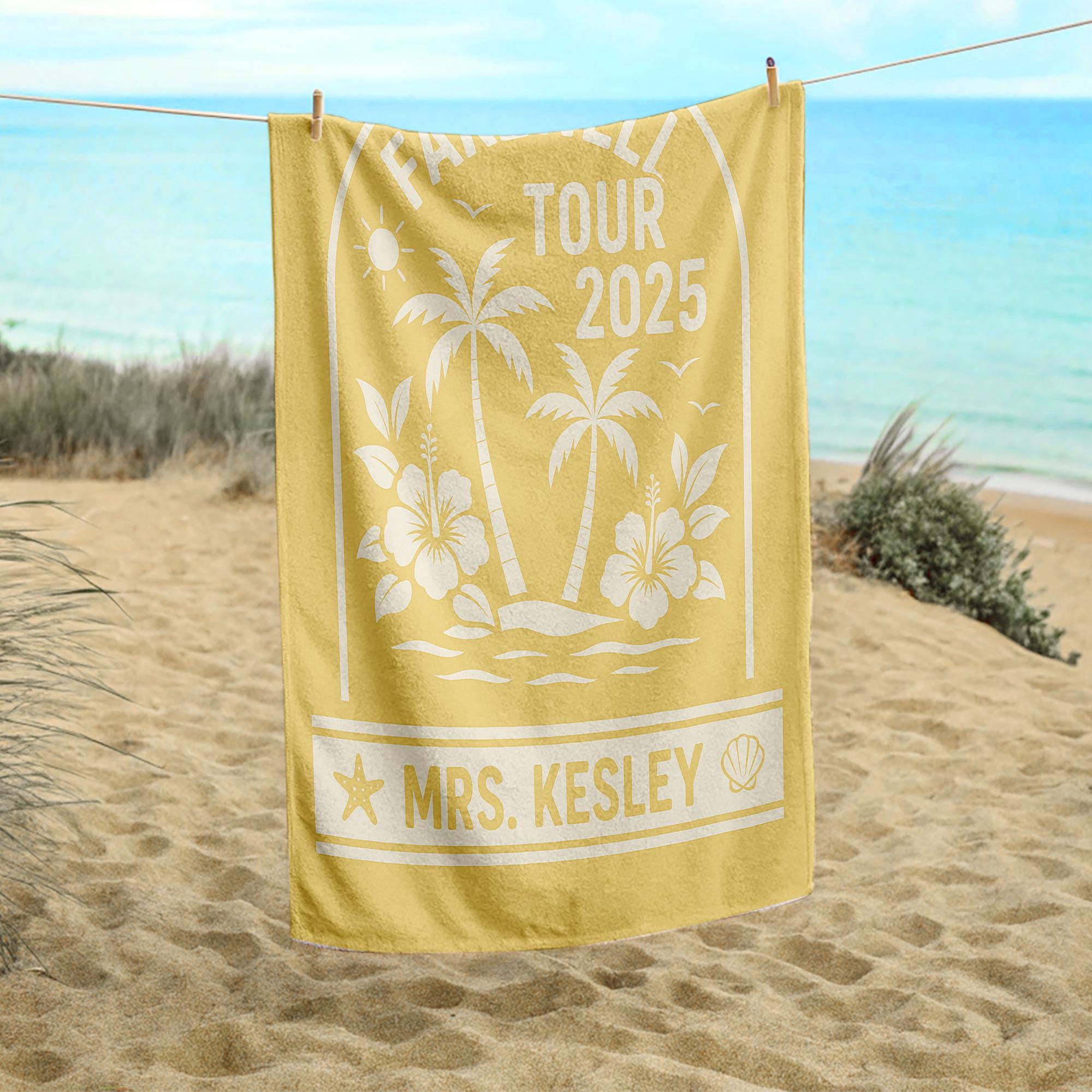 Farewell Tour 2025 Beach Towel – Personalized Retirement Gift for Women, Custom Name Vacation Towel, Teacher or Coworker Send-Off