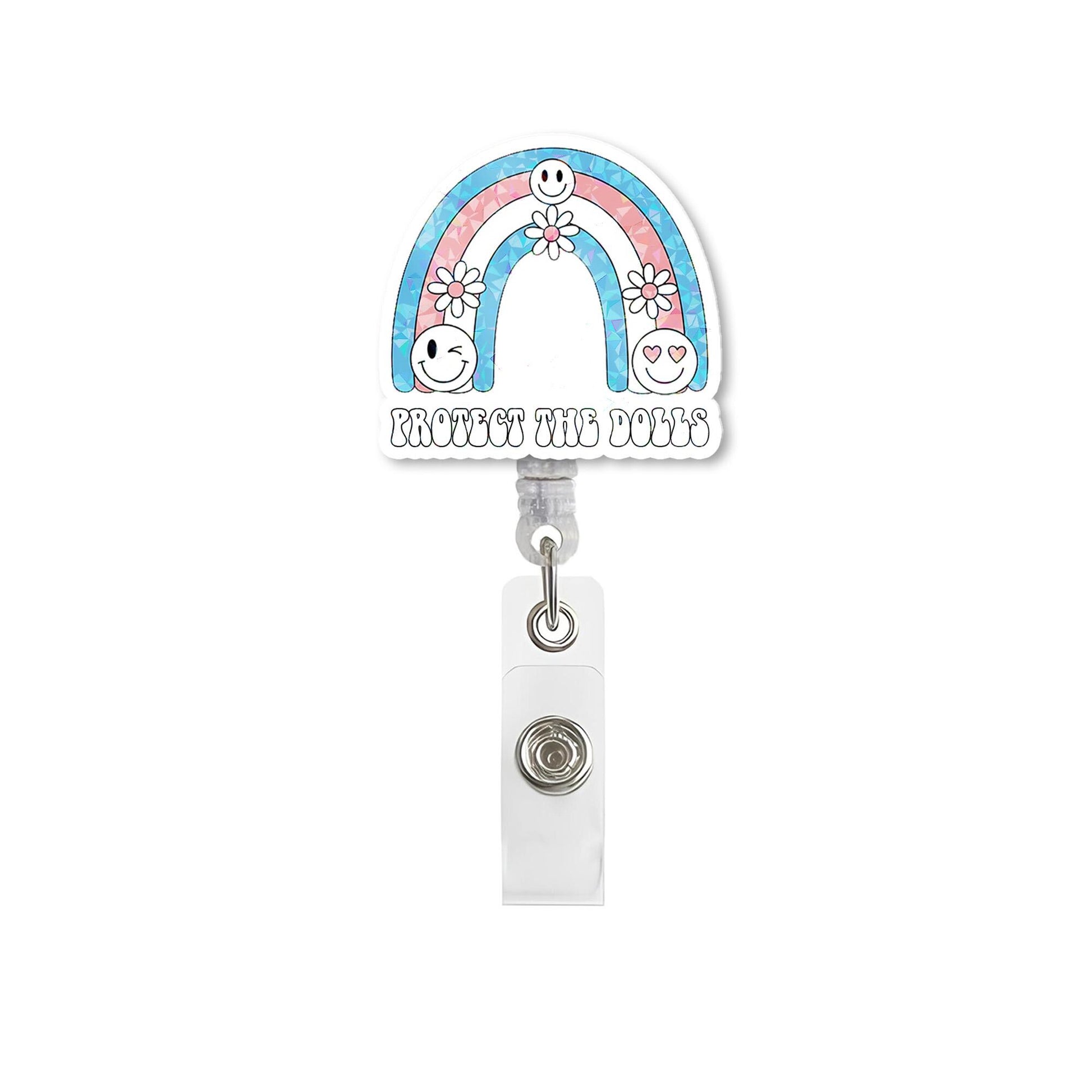 Protect the Dolls Badge Reel – Trans Flag Rainbow ID Clip – Cute Pride Work Badge – Inclusive LGBTQ Retractable Holder
