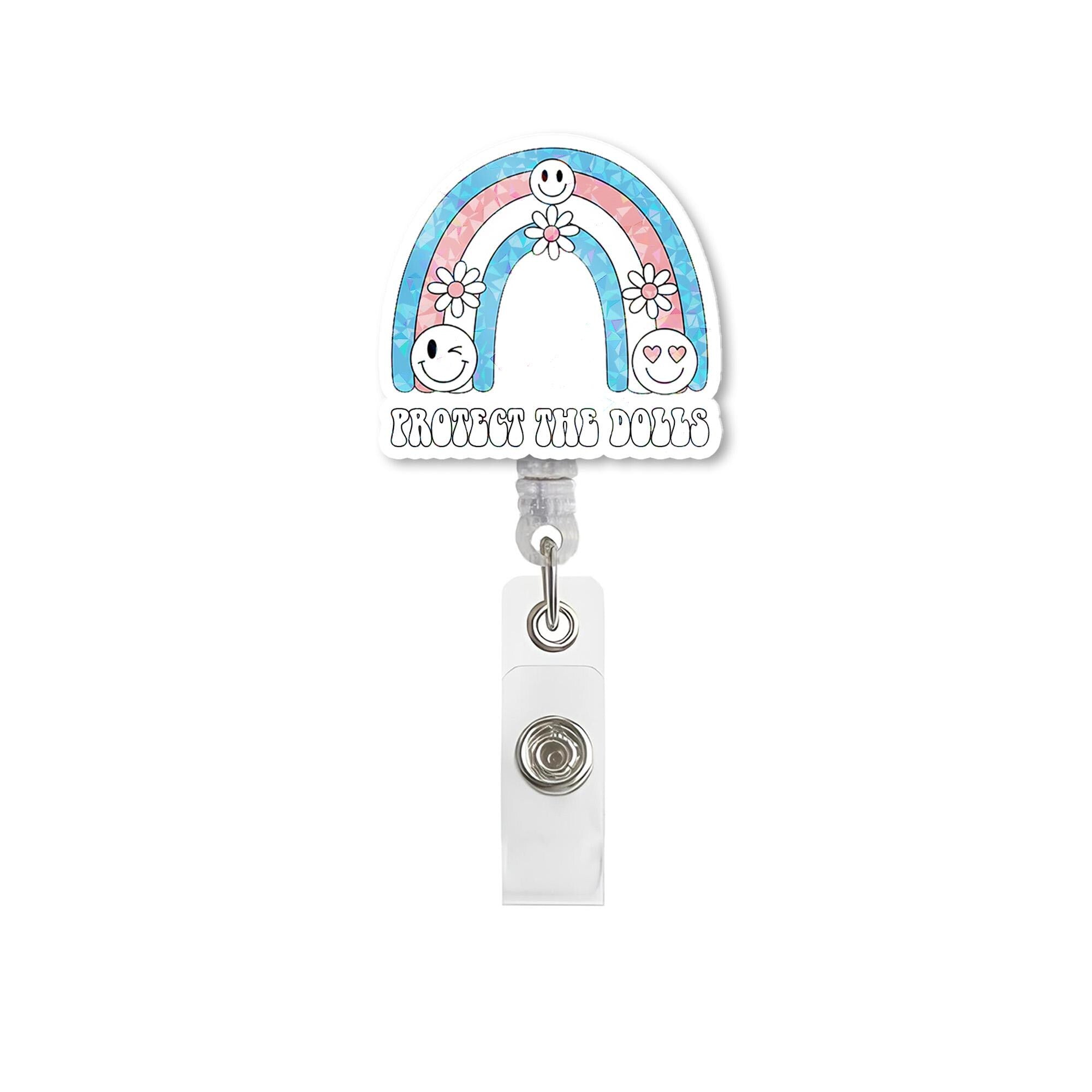 Protect the Dolls Badge Reel – Trans Flag Rainbow ID Clip – Cute Pride Work Badge – Inclusive LGBTQ Retractable Holder