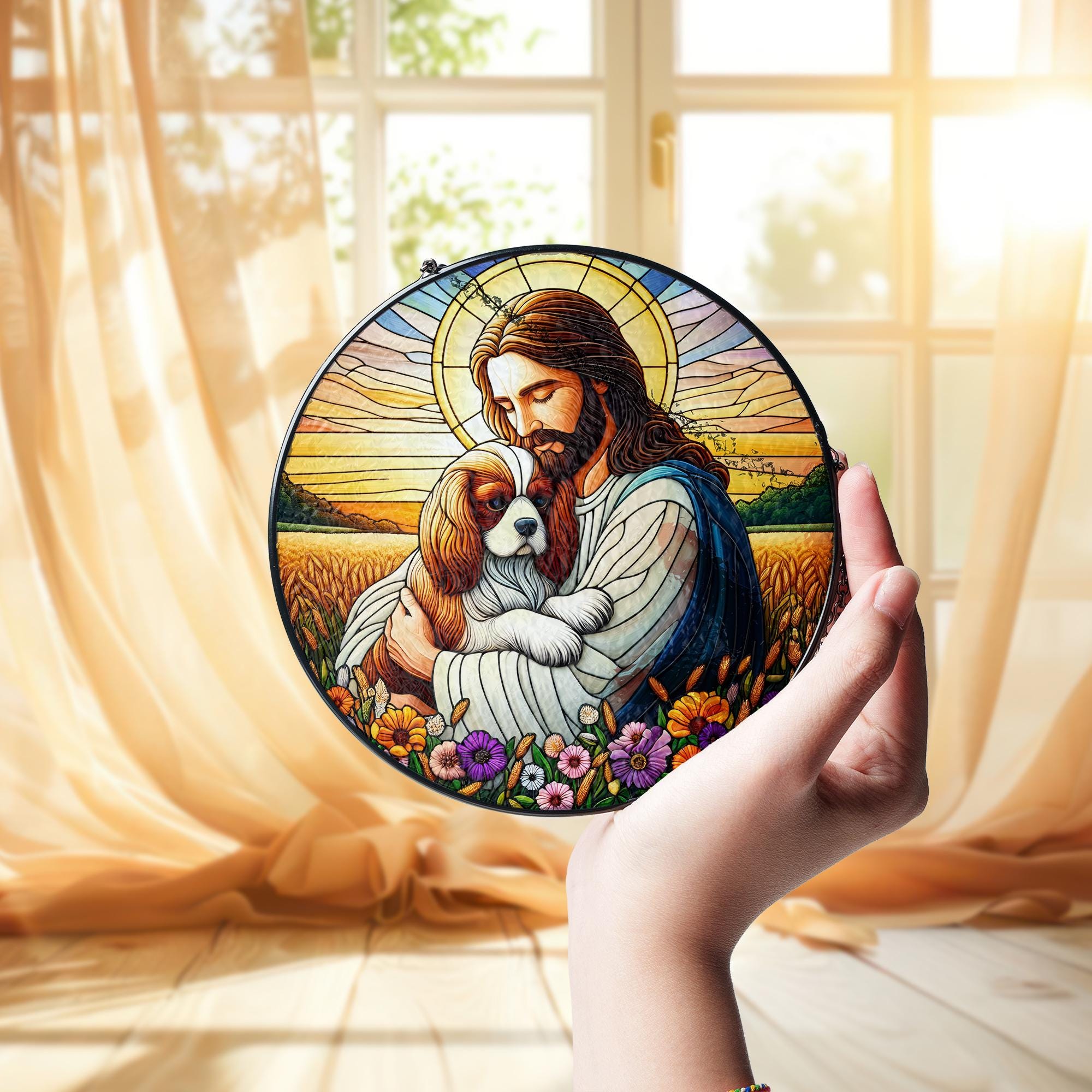 Jesus and Dog Glass Suncatcher, Pet Memorial Window Decor, Christian Gift, Rainbow Bridge Keepsake, Spiritual Home Accent