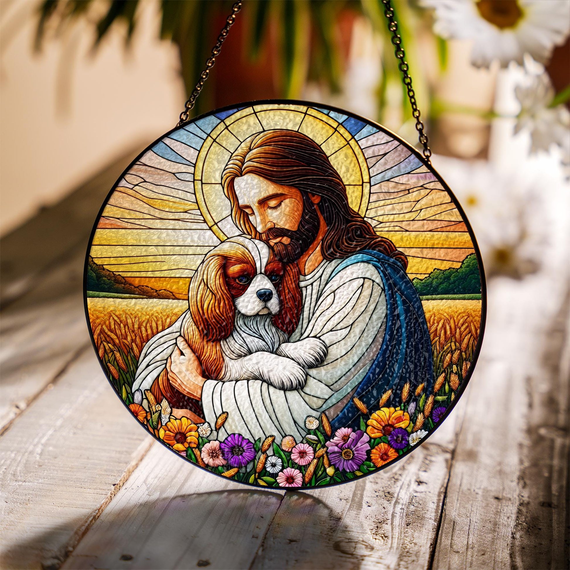 Jesus and Dog Glass Suncatcher, Pet Memorial Window Decor, Christian Gift, Rainbow Bridge Keepsake, Spiritual Home Accent