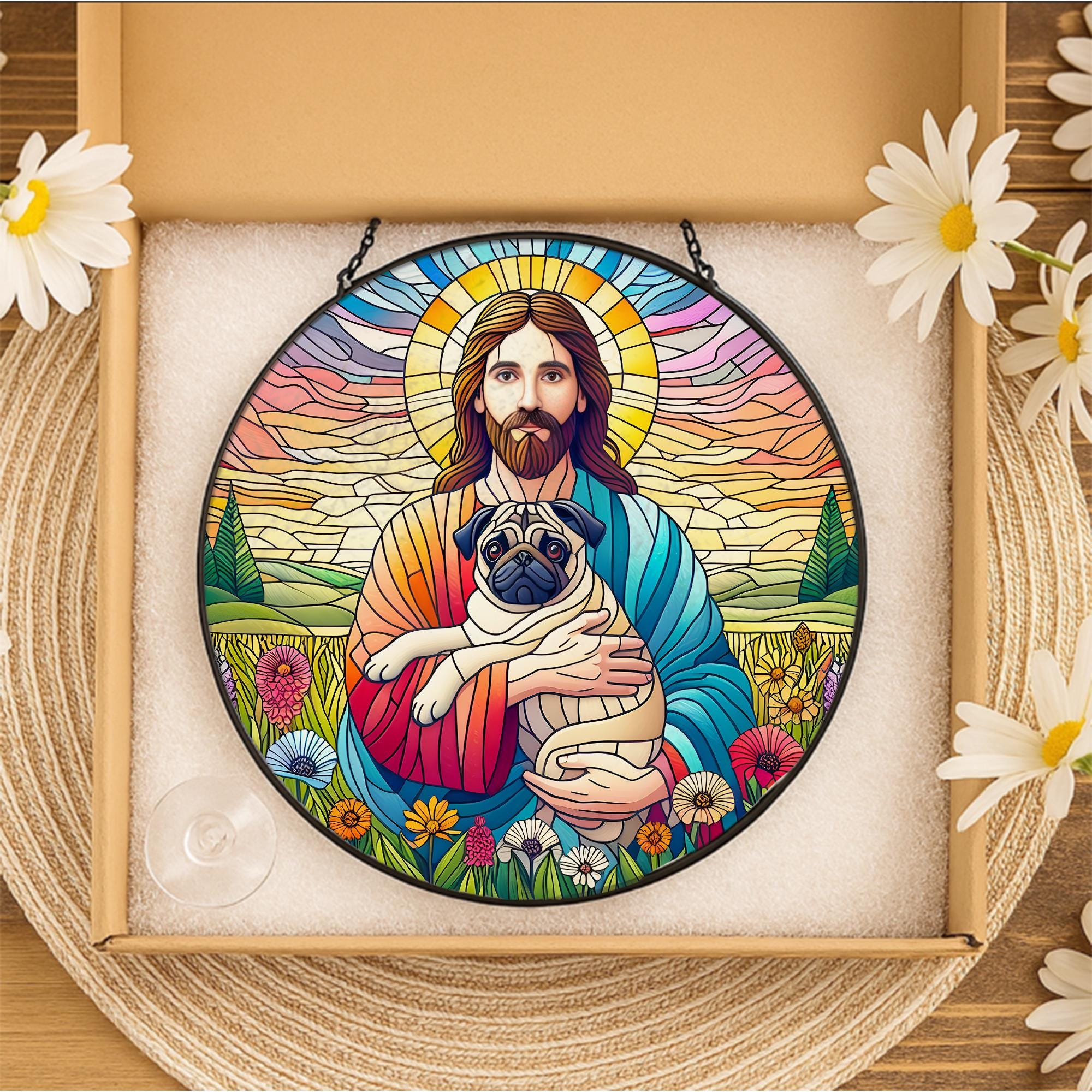 Jesus Holding Pug Glass Suncatcher, Pet Memorial Gift, Christian Dog Lover Decor, Rainbow Bridge Keepsake Window Ornament