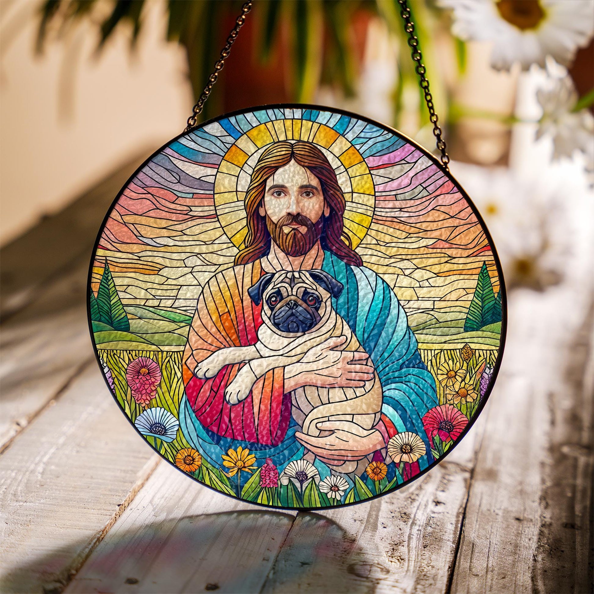 Jesus Holding Pug Glass Suncatcher, Pet Memorial Gift, Christian Dog Lover Decor, Rainbow Bridge Keepsake Window Ornament