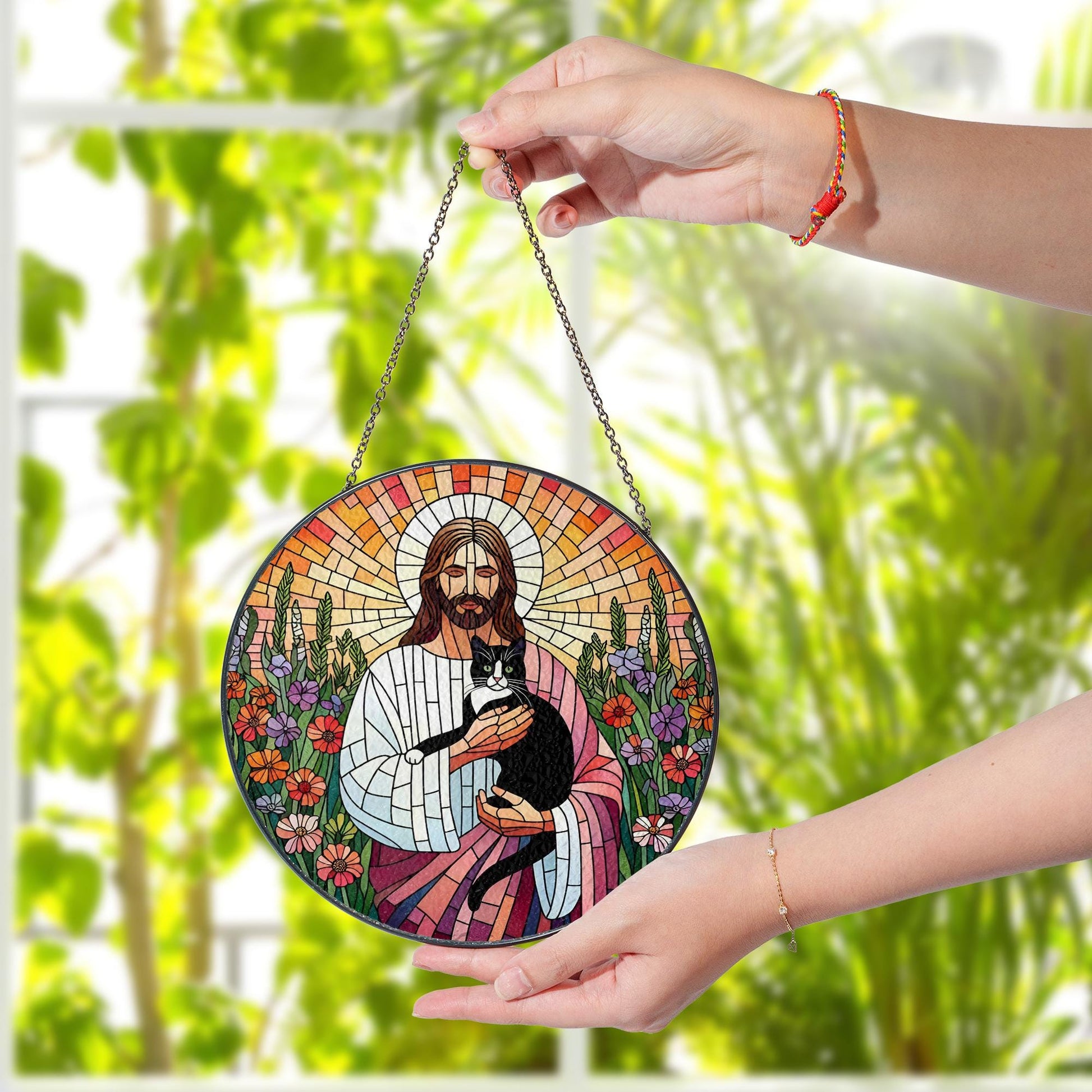 Jesus Holding tuxedo Cat Glass Suncatcher, Pet Memorial Window Decor, Christian Cat Lover Gift, Tuxedo Cat Rainbow Bridge Keepsake